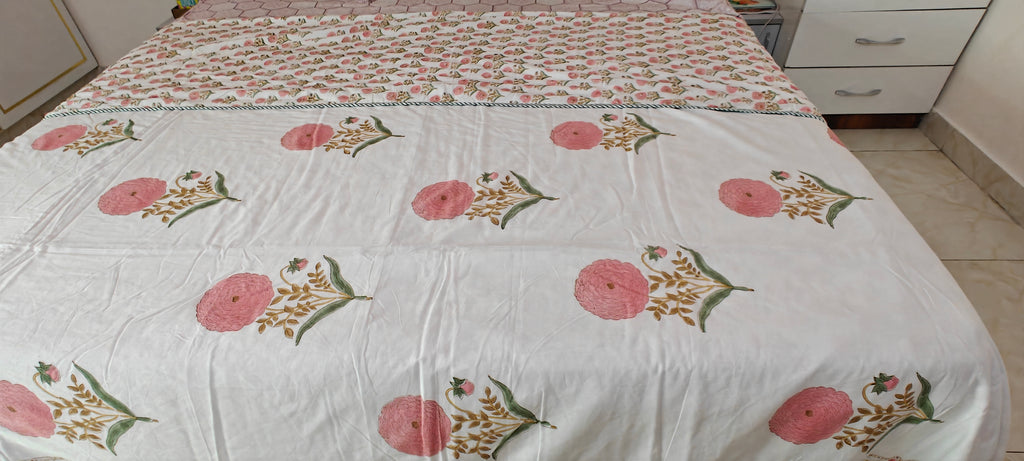 White & Pink Floral Buta Hand Block Cotton Mulmul Reversible Dohar