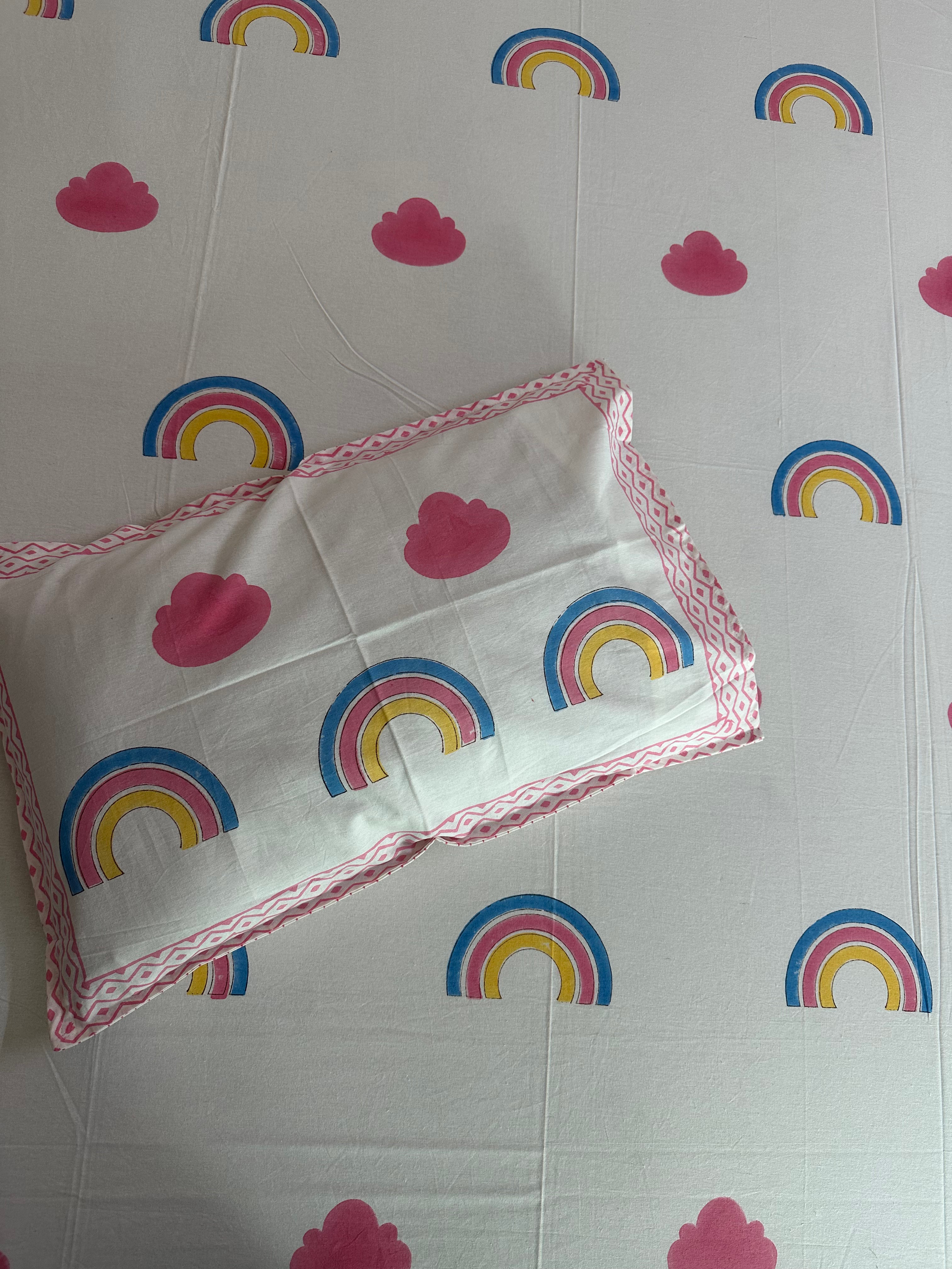 Rainbow Dreams Kids Block Print Cotton Bedsheet – Pink & Blue Hearts