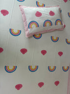 Rainbow Dreams Kids Block Print Cotton Bedsheet – Pink & Blue Hearts