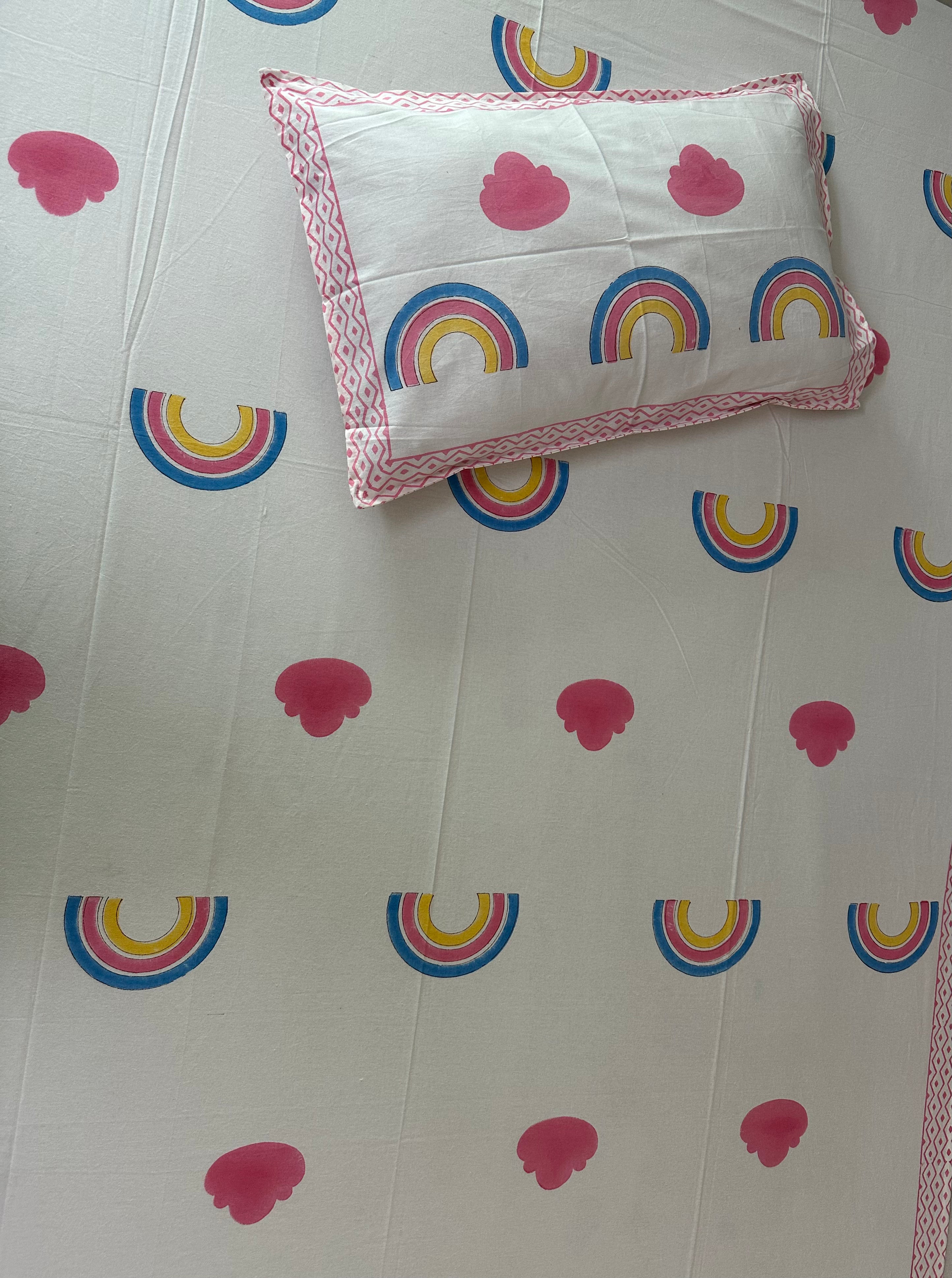 Rainbow Dreams Kids Block Print Cotton Bedsheet – Pink & Blue Hearts