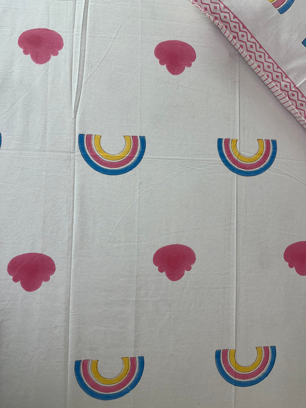 Rainbow Dreams Kids Block Print Cotton Bedsheet – Pink & Blue Hearts