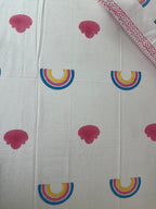 Rainbow Dreams Kids Block Print Cotton Bedsheet – Pink & Blue Hearts