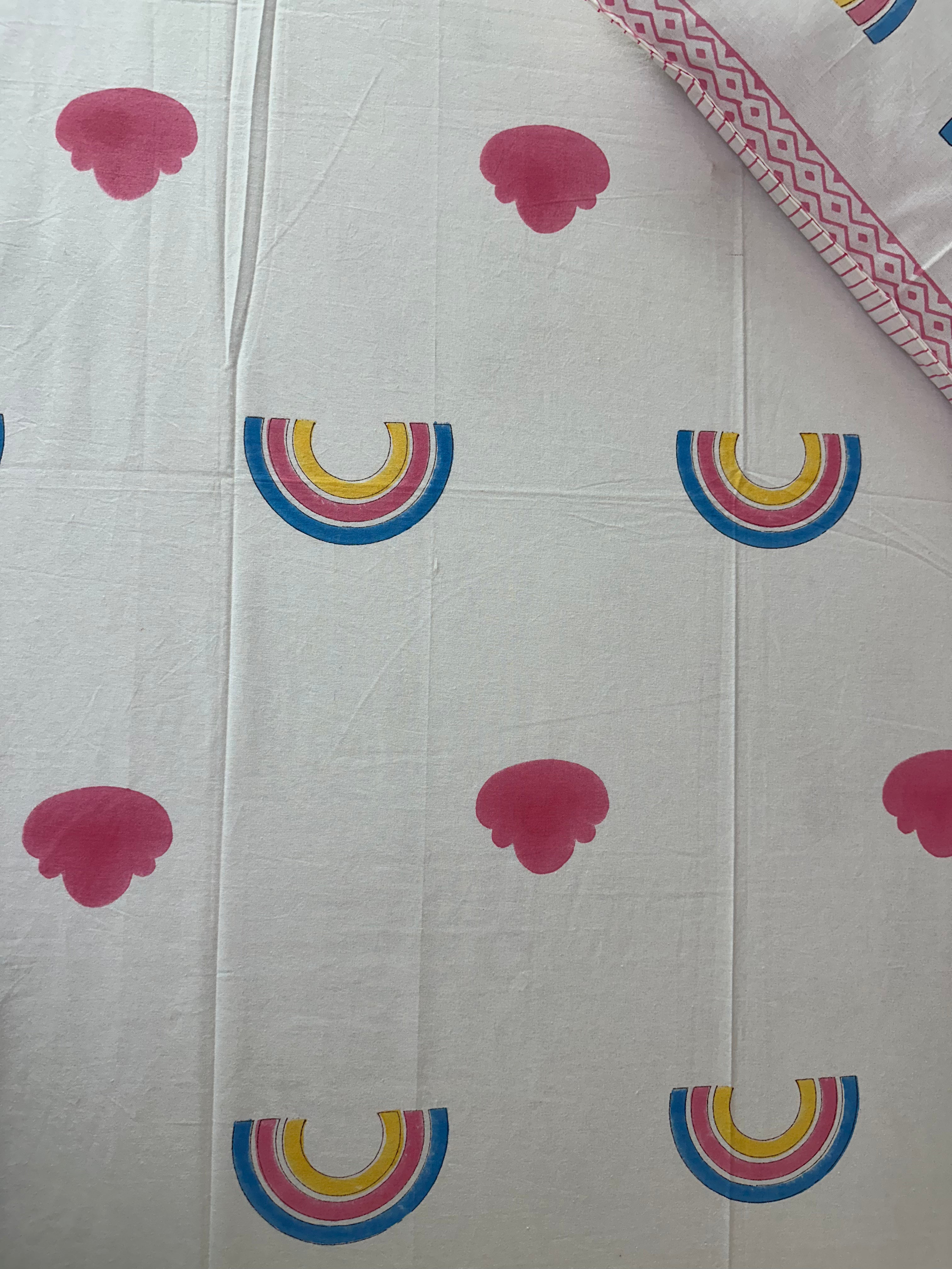Rainbow Dreams Kids Block Print Cotton Bedsheet – Pink & Blue Hearts