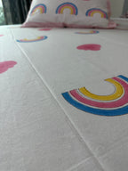 Rainbow Dreams Kids Block Print Cotton Bedsheet – Pink & Blue Hearts