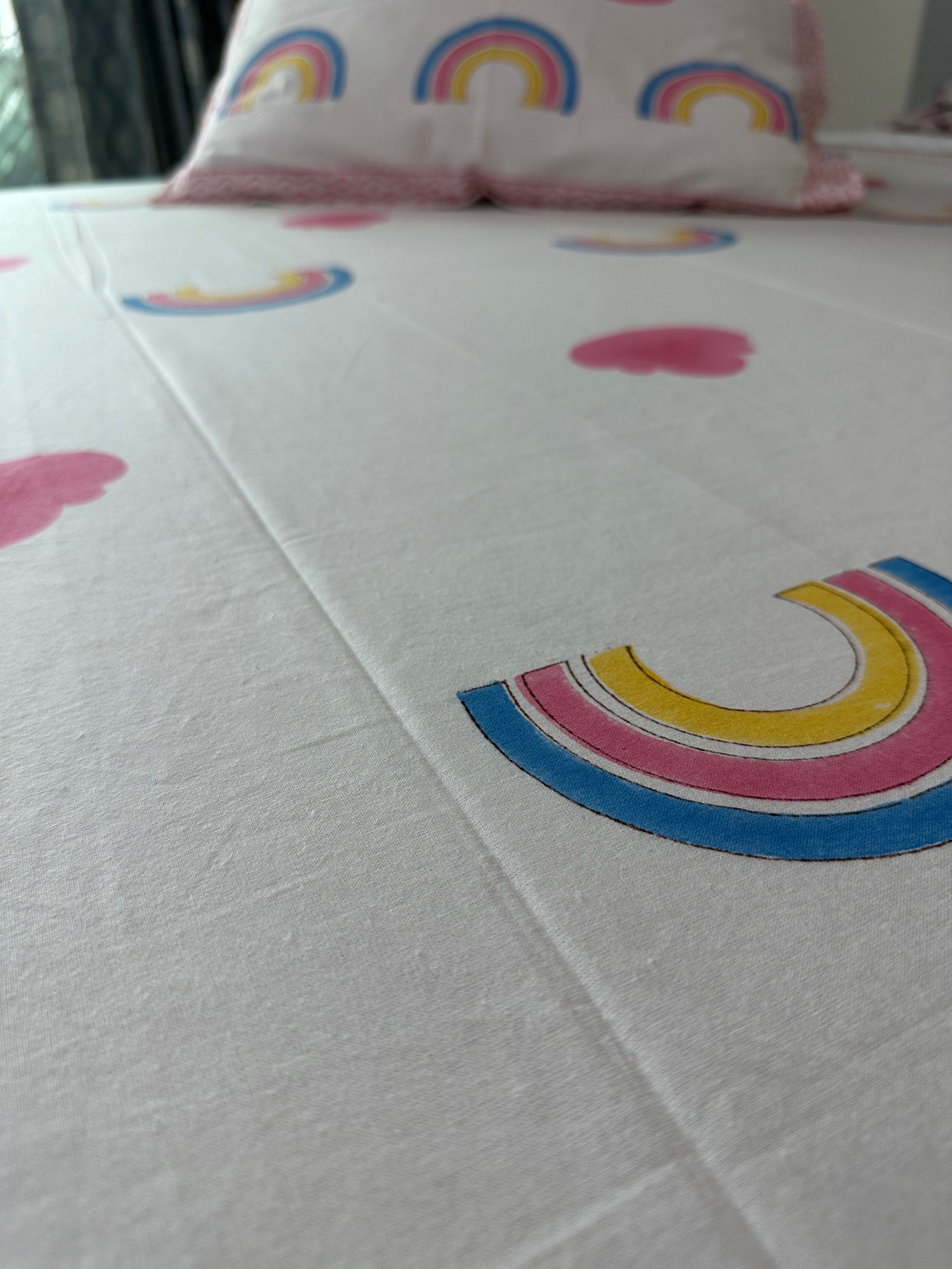 Rainbow Dreams Kids Block Print Cotton Bedsheet – Pink & Blue Hearts
