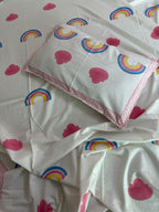 Rainbow Dreams Kids Block Print Cotton Bedsheet – Pink & Blue Hearts