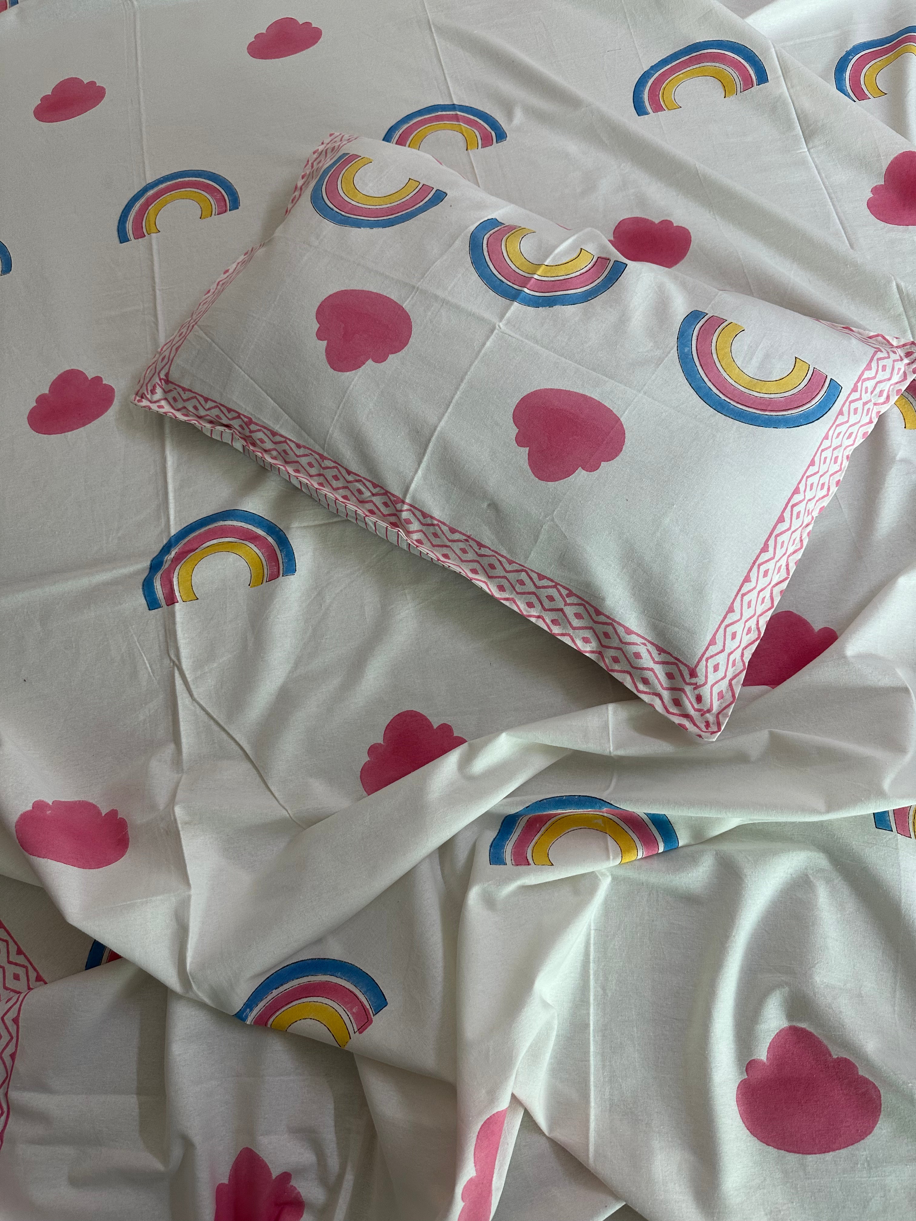 Rainbow Dreams Kids Block Print Cotton Bedsheet – Pink & Blue Hearts