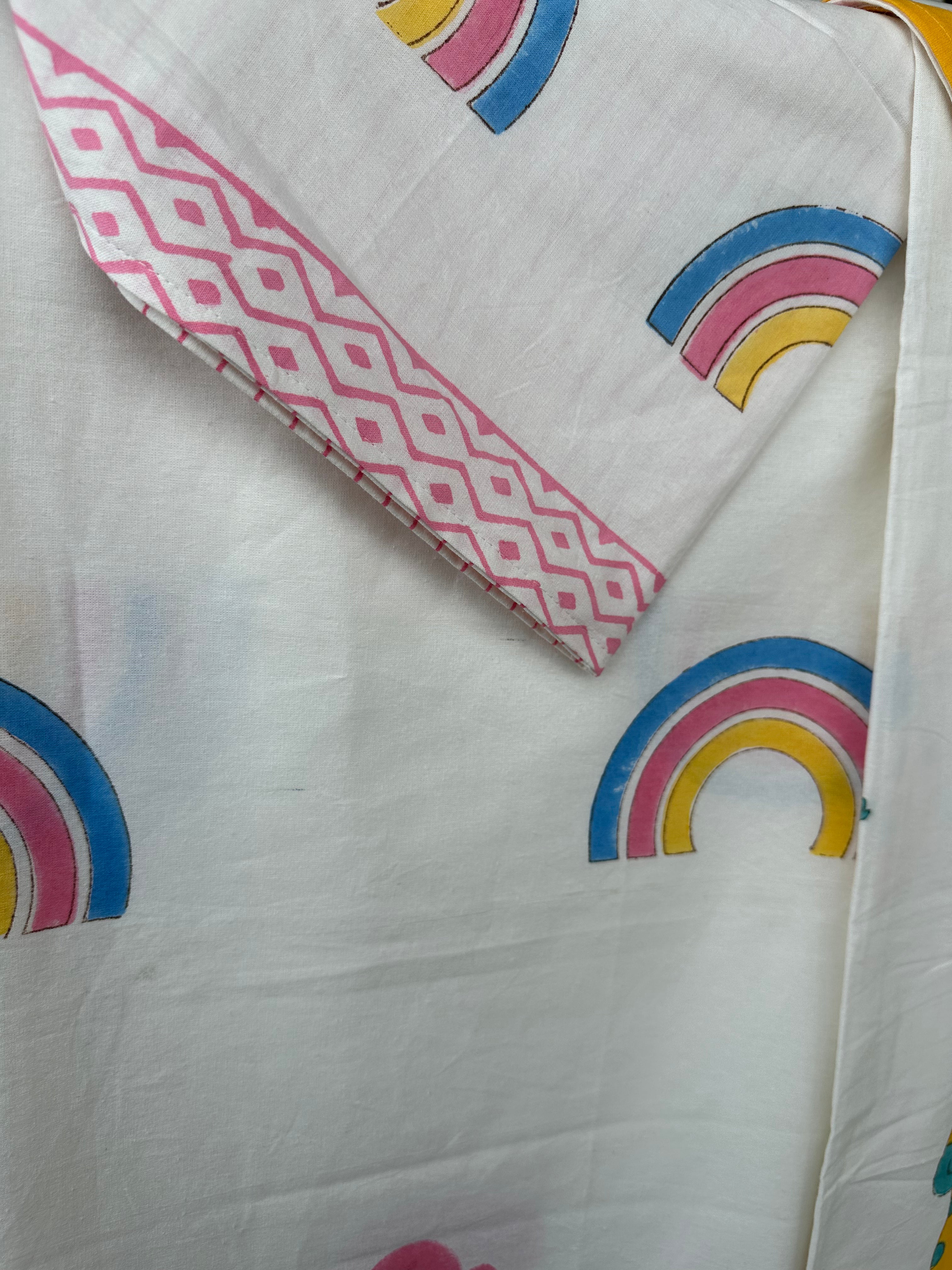Rainbow Dreams Kids Block Print Cotton Bedsheet – Pink & Blue Hearts