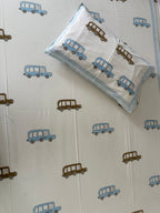 Little Explorer Kids Block Print Bedsheet – Blue & Brown Cars