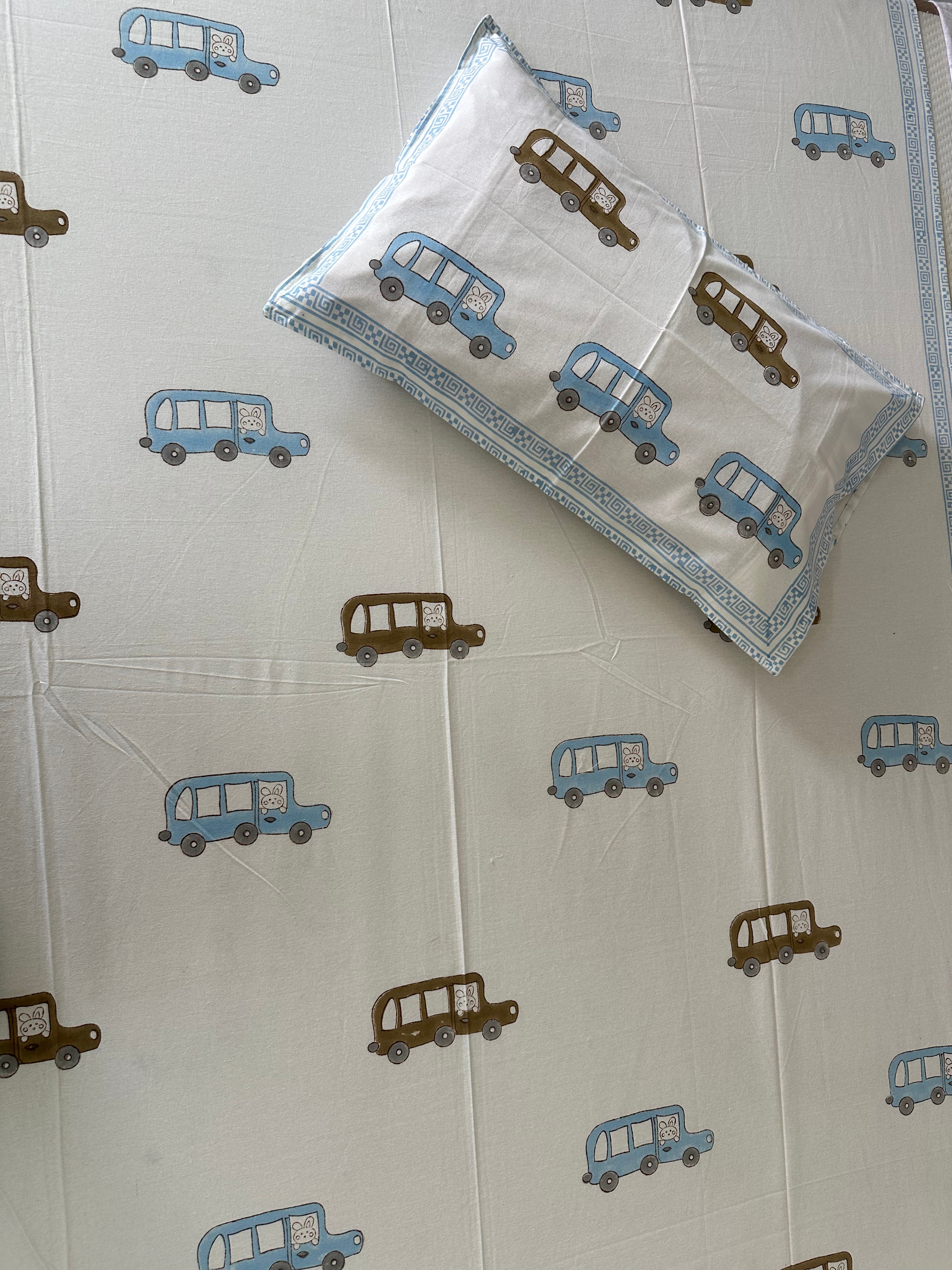 Little Explorer Kids Block Print Bedsheet – Blue & Brown Cars