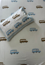 Little Explorer Kids Block Print Bedsheet – Blue & Brown Cars
