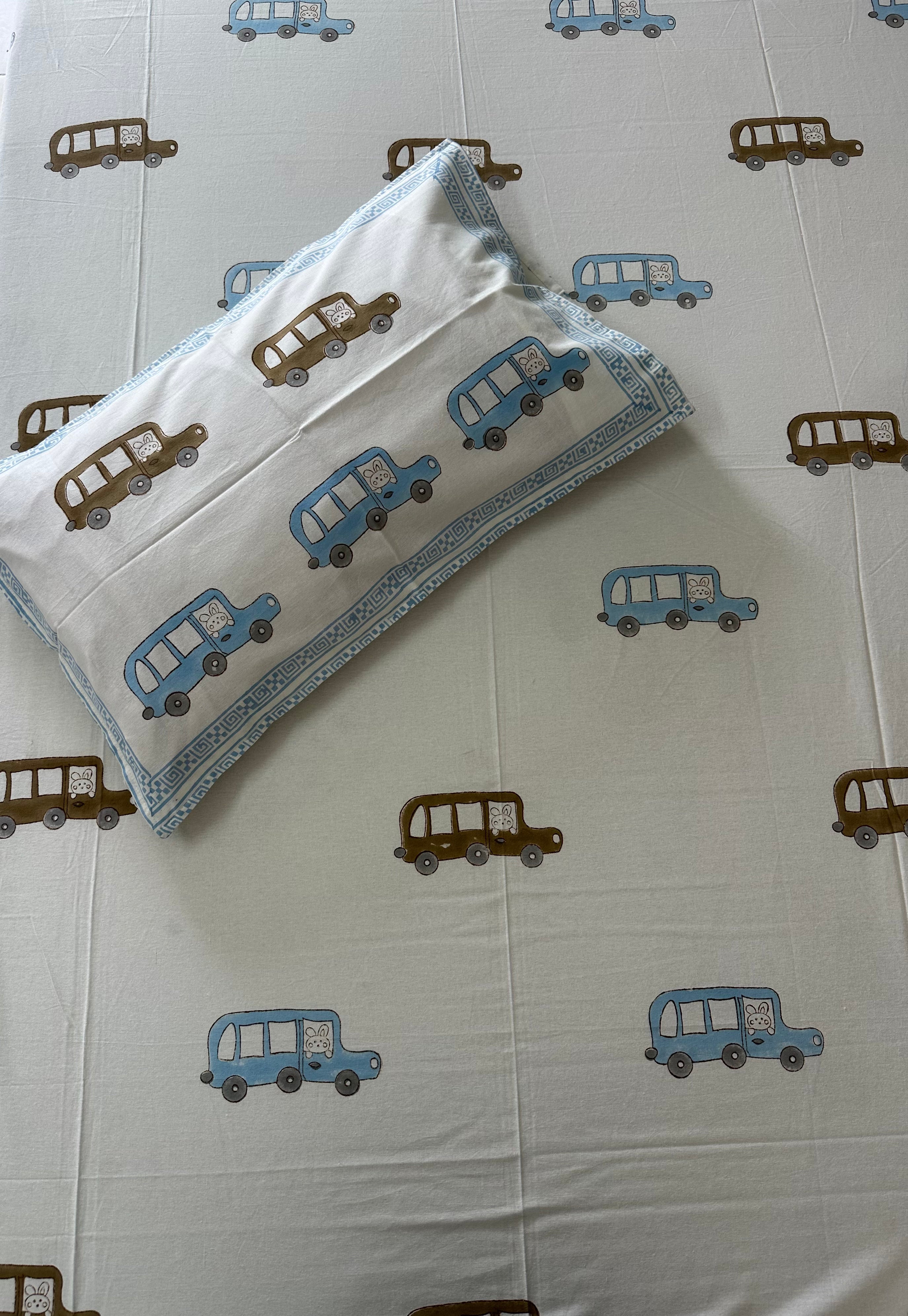Little Explorer Kids Block Print Bedsheet – Blue & Brown Cars