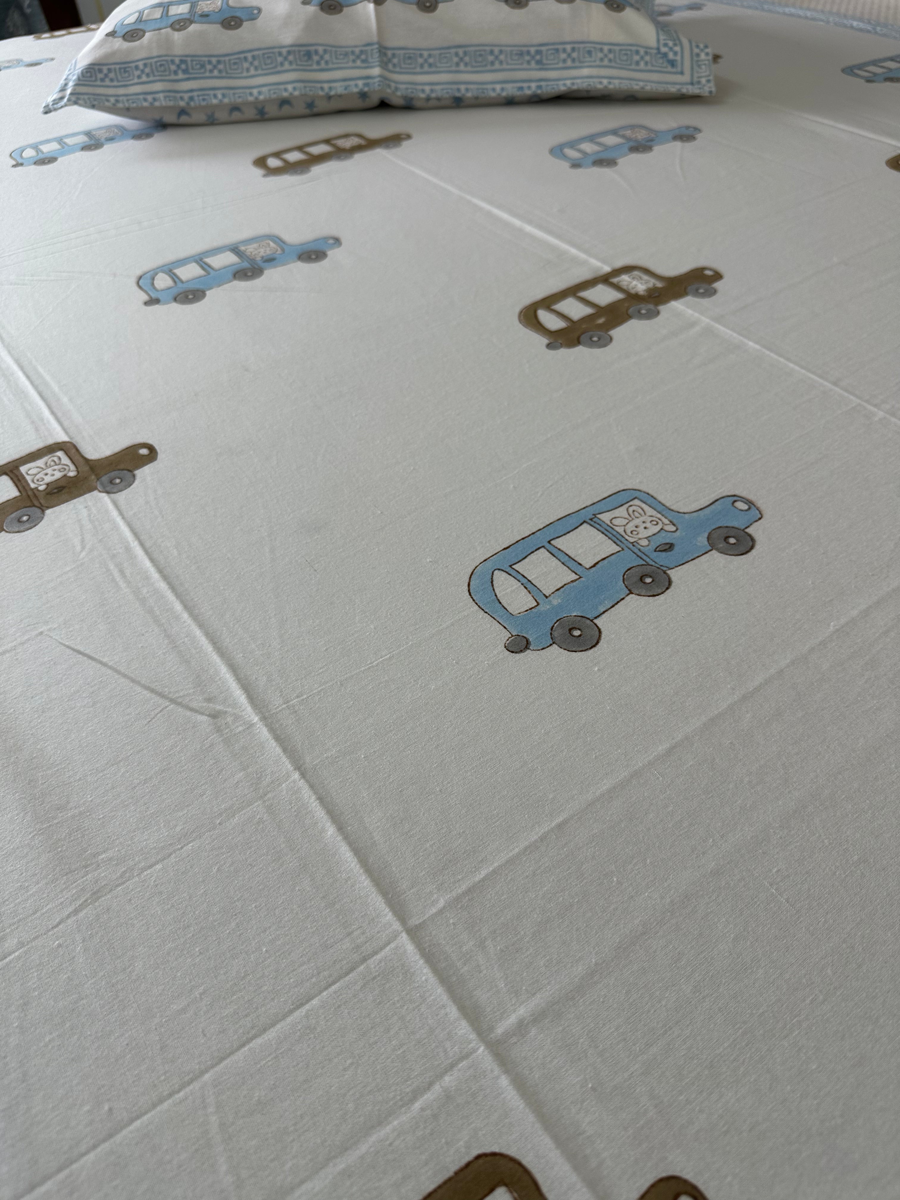 Little Explorer Kids Block Print Bedsheet – Blue & Brown Cars