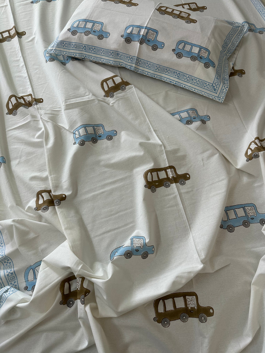 Little Explorer Kids Block Print Bedsheet – Blue & Brown Cars