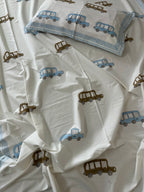 Little Explorer Kids Block Print Bedsheet – Blue & Brown Cars
