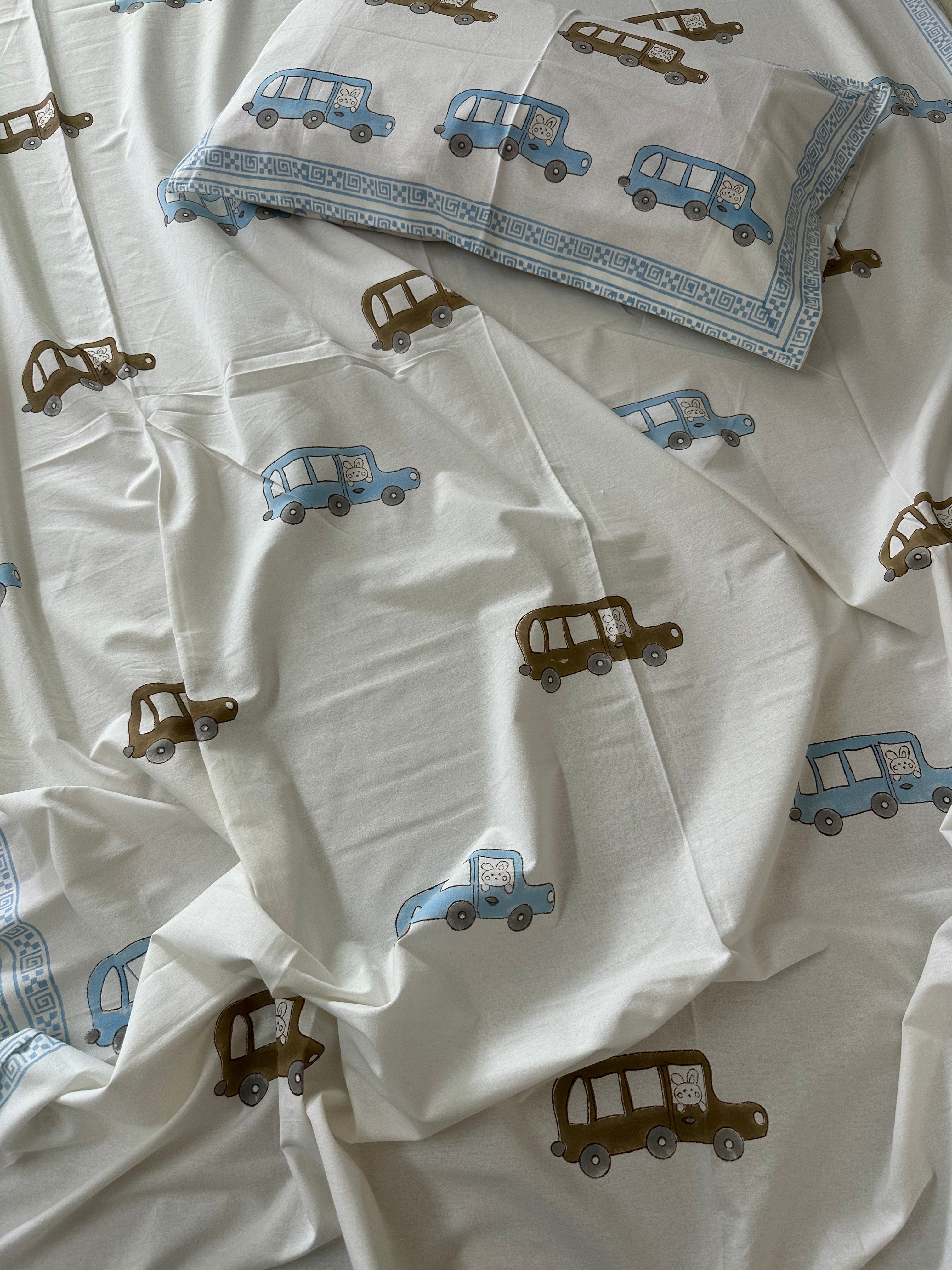 Little Explorer Kids Block Print Bedsheet – Blue & Brown Cars