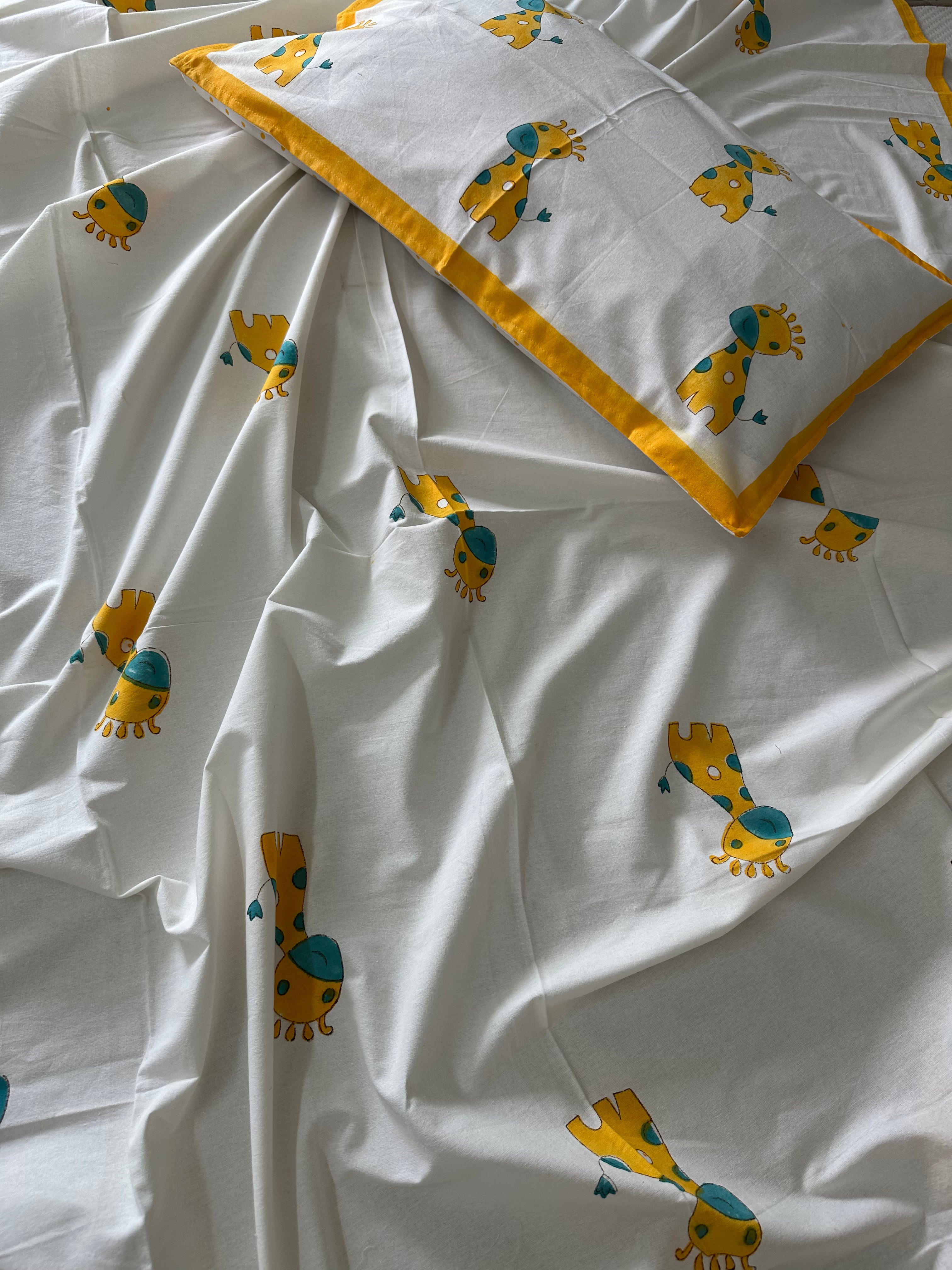 Safari Fun Kids Block Print Bedsheet – Yellow Giraffe Motifs