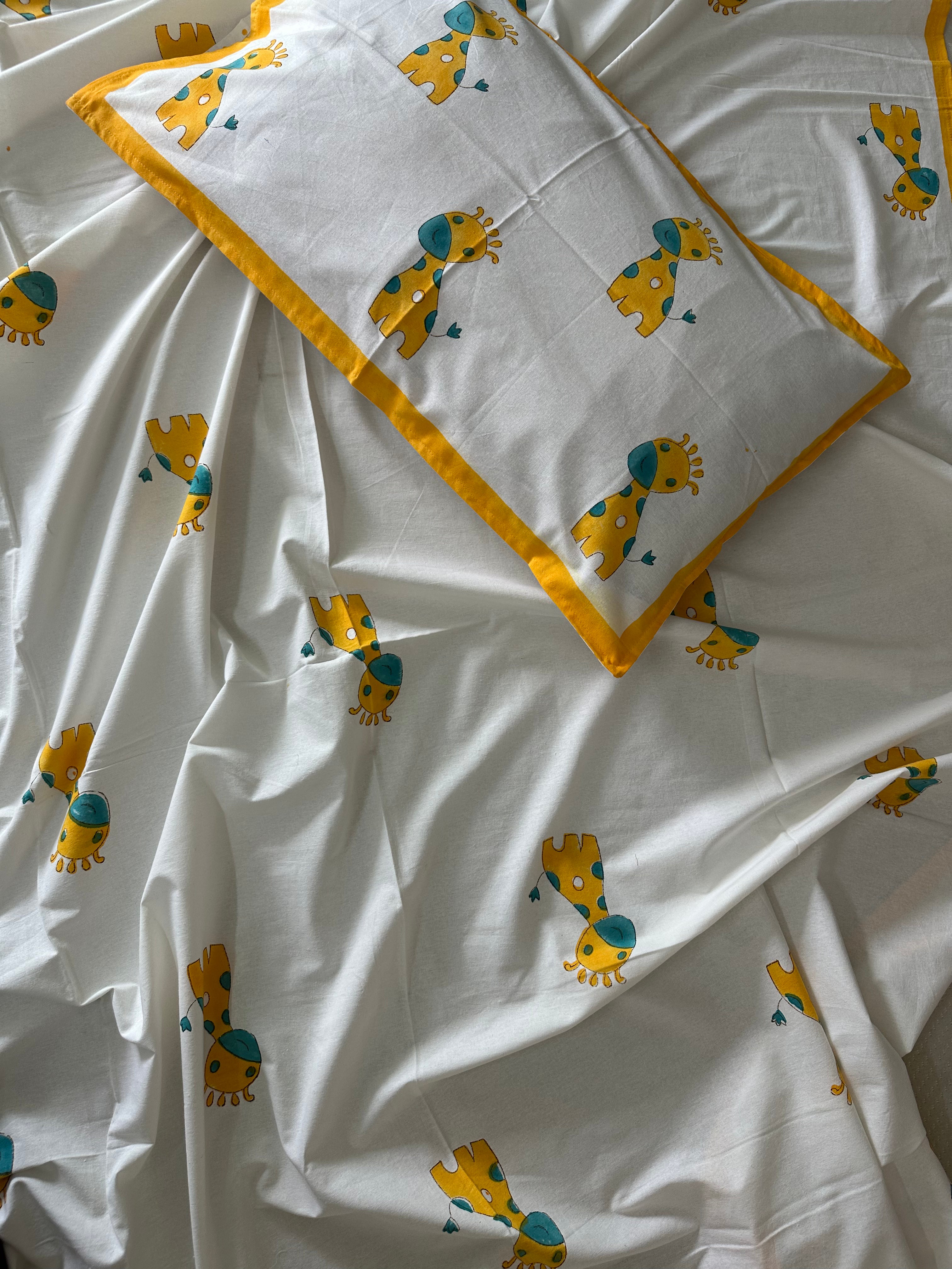 Safari Fun Kids Block Print Bedsheet – Yellow Giraffe Motifs