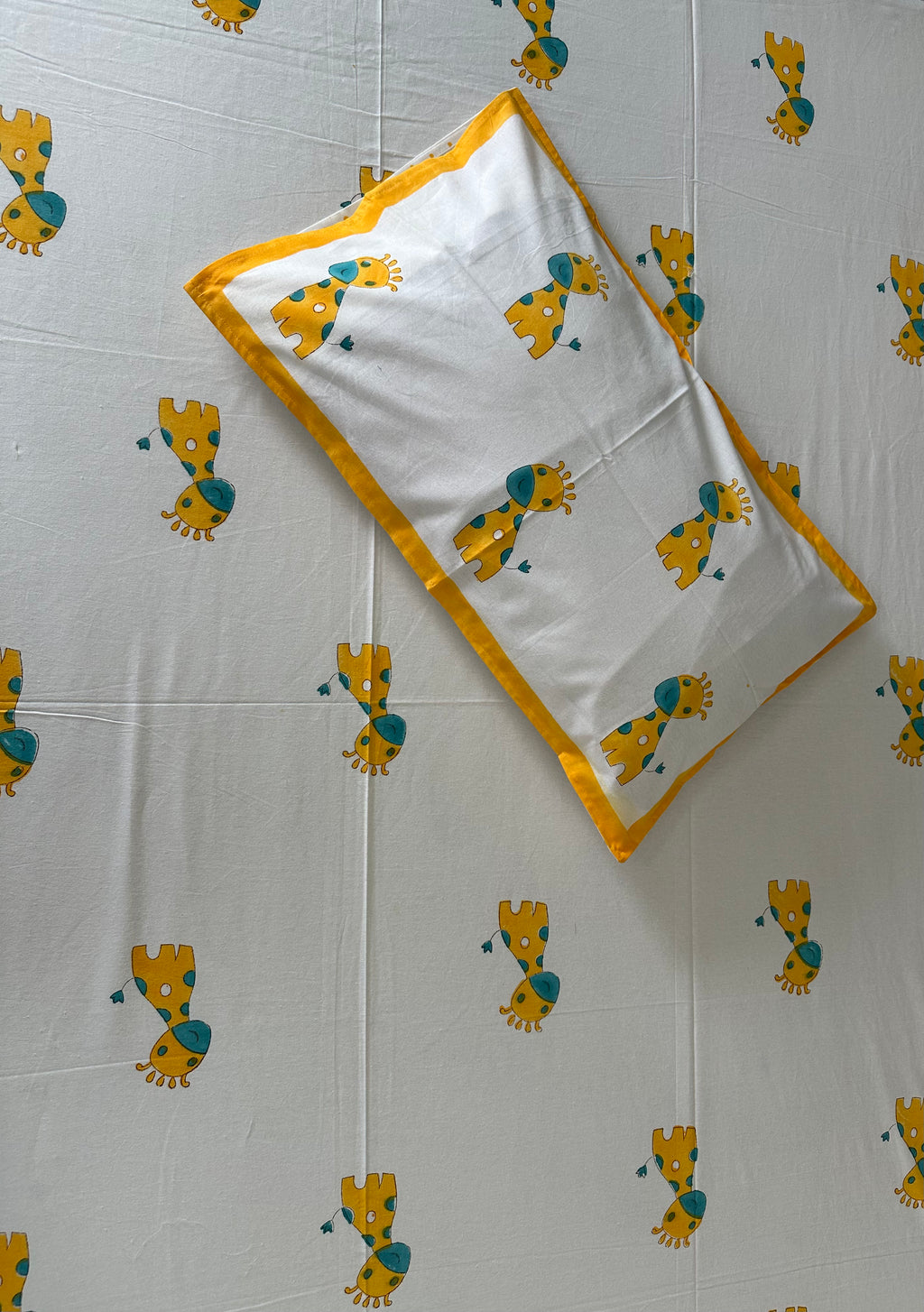 Safari Fun Kids Block Print Bedsheet – Yellow Giraffe Motifs