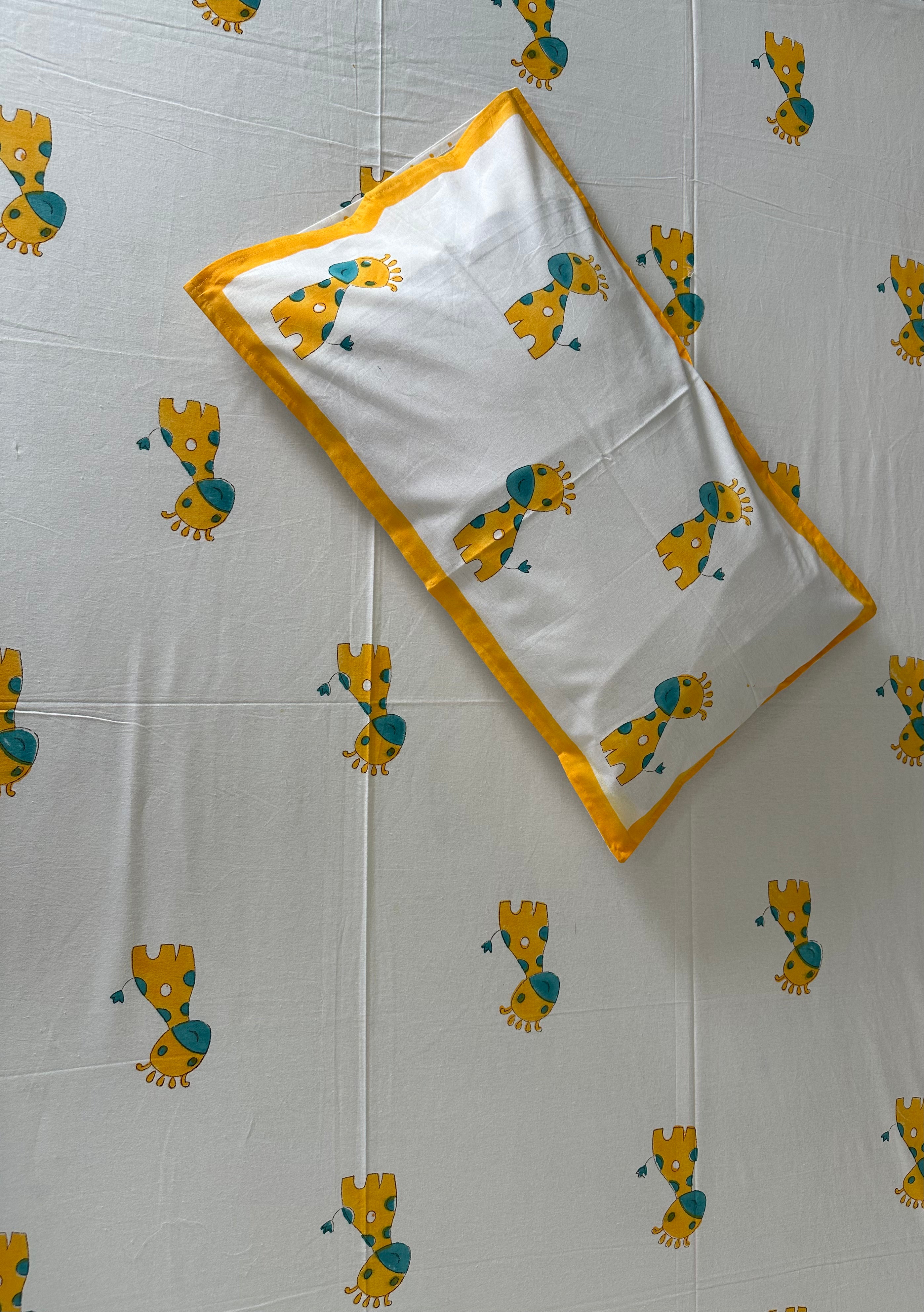 Safari Fun Kids Block Print Bedsheet – Yellow Giraffe Motifs
