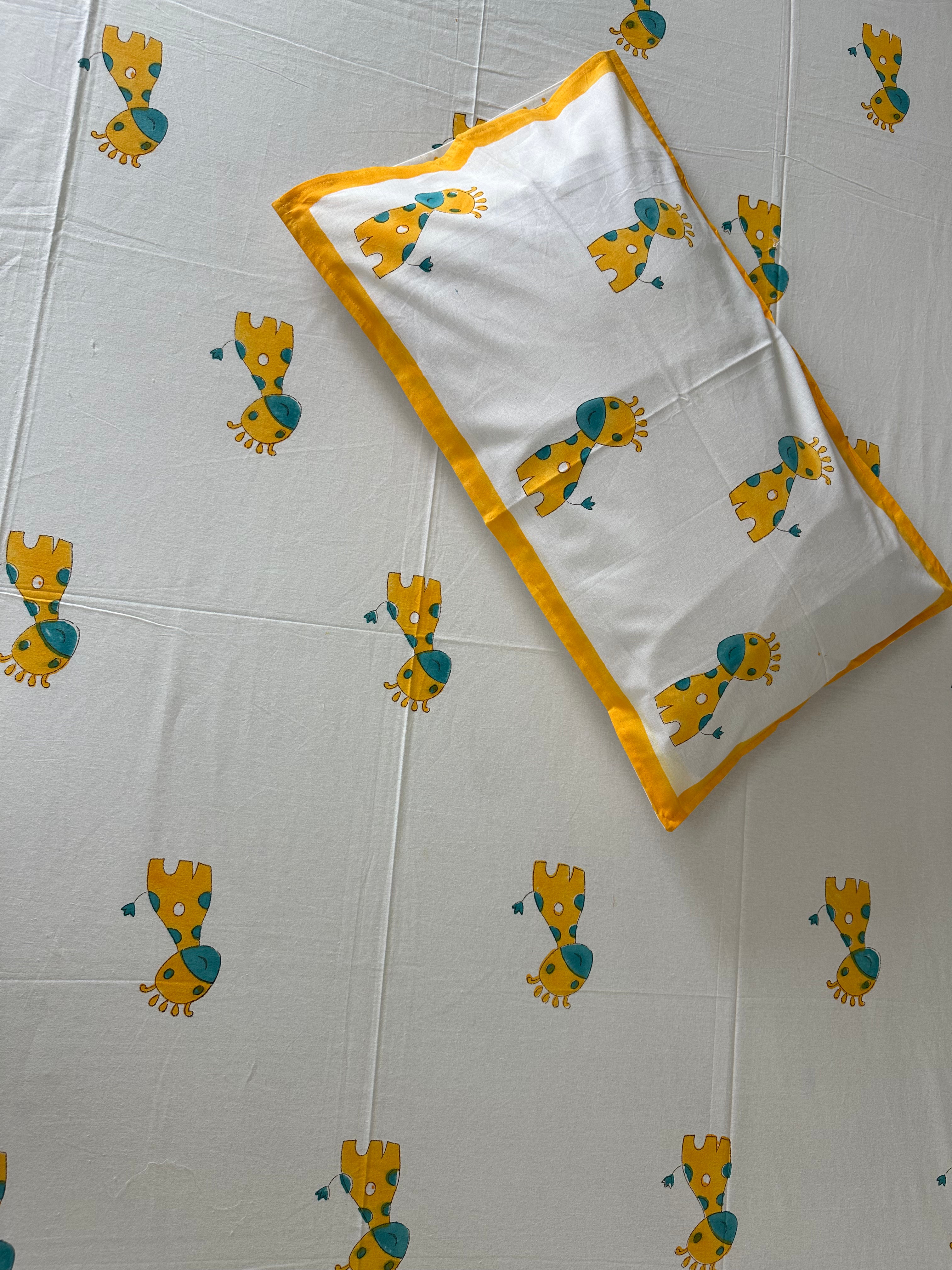 Safari Fun Kids Block Print Bedsheet – Yellow Giraffe Motifs