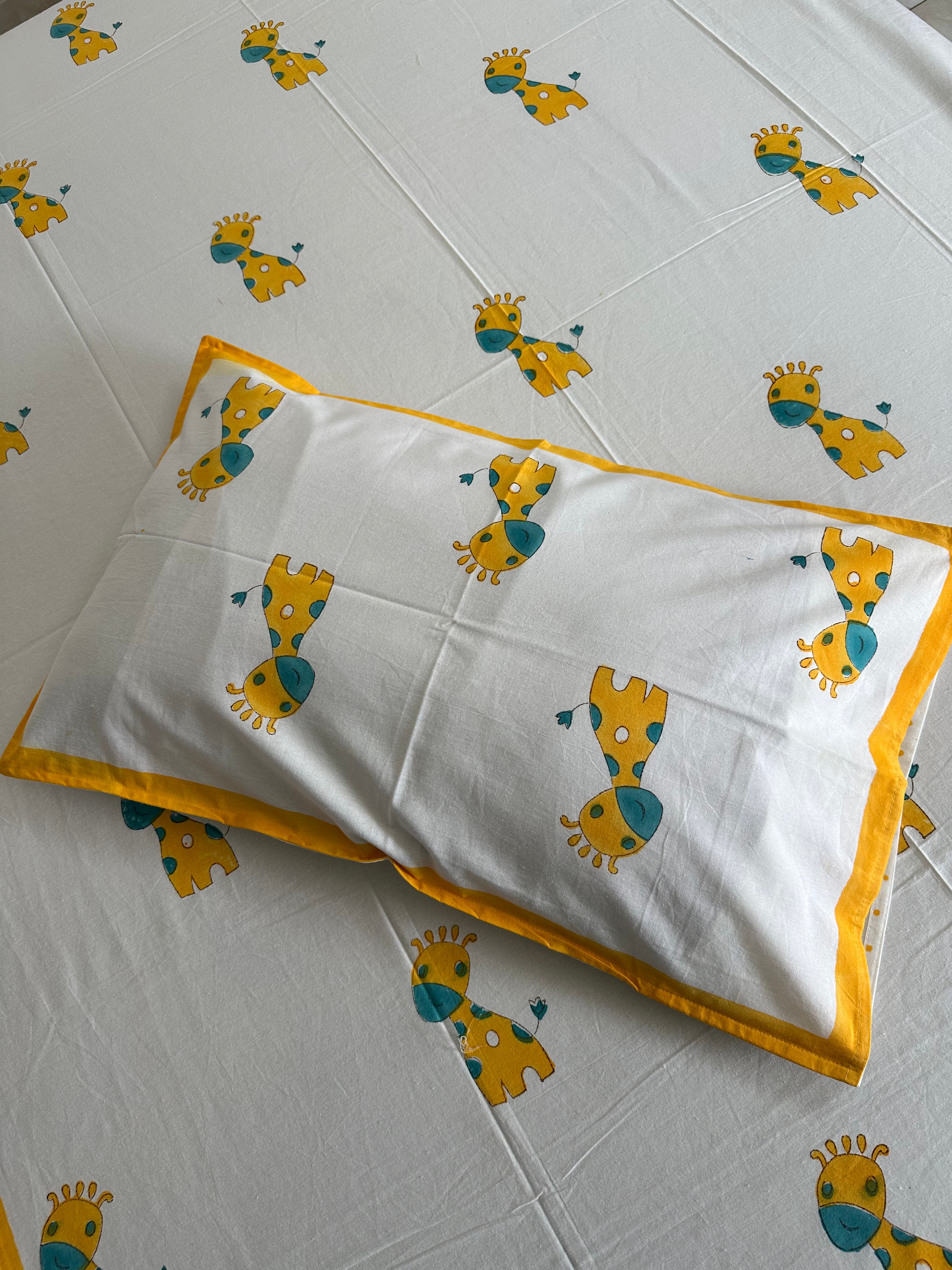 Safari Fun Kids Block Print Bedsheet – Yellow Giraffe Motifs