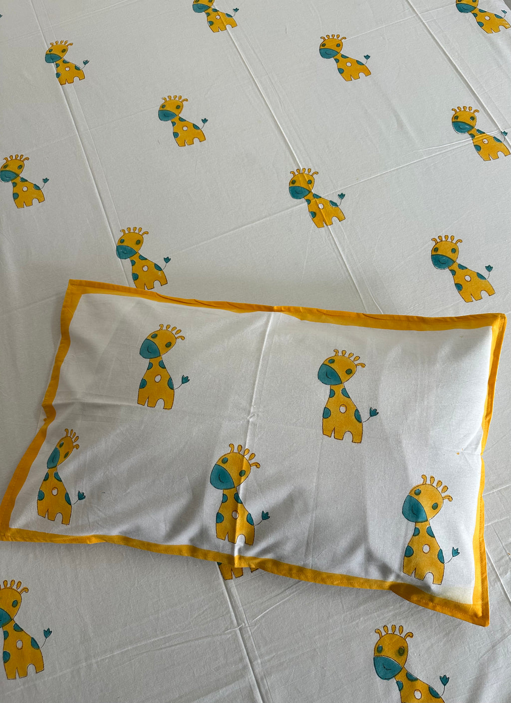 Safari Fun Kids Block Print Bedsheet – Yellow Giraffe Motifs