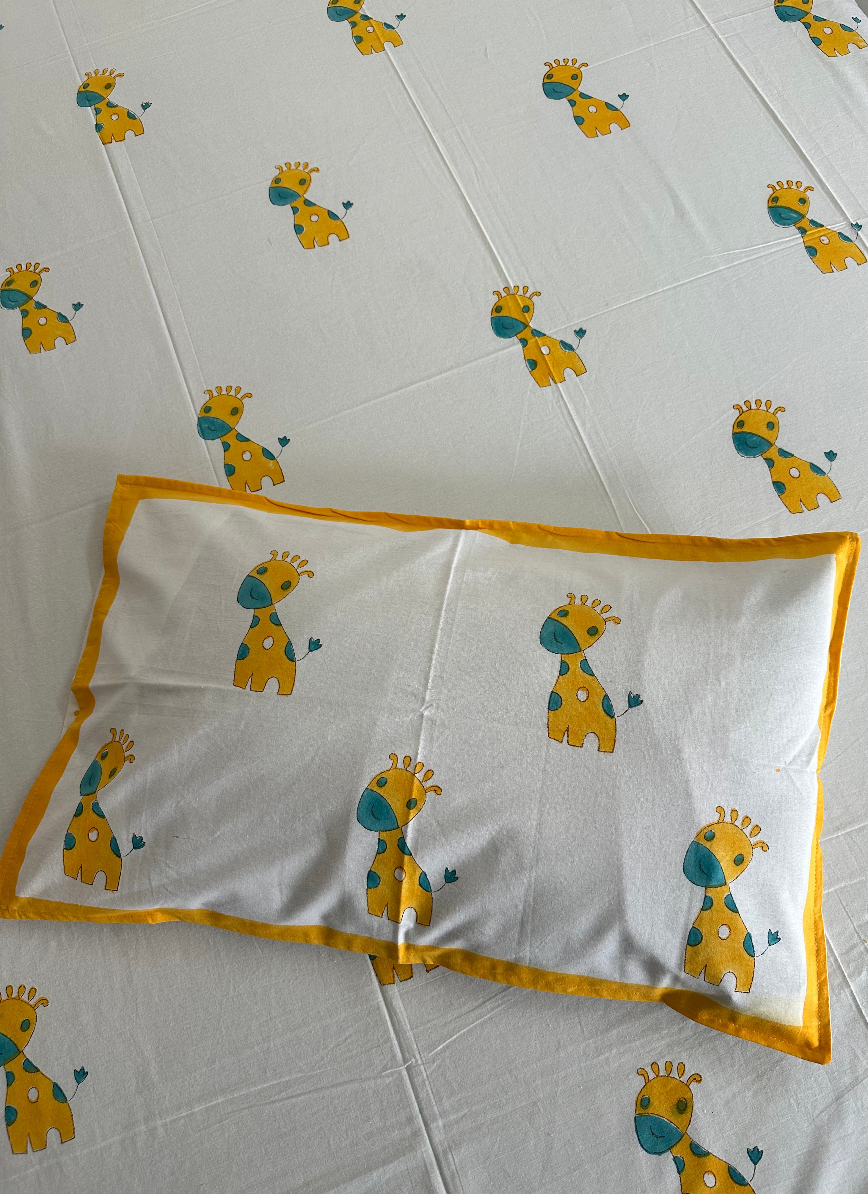 Safari Fun Kids Block Print Bedsheet – Yellow Giraffe Motifs