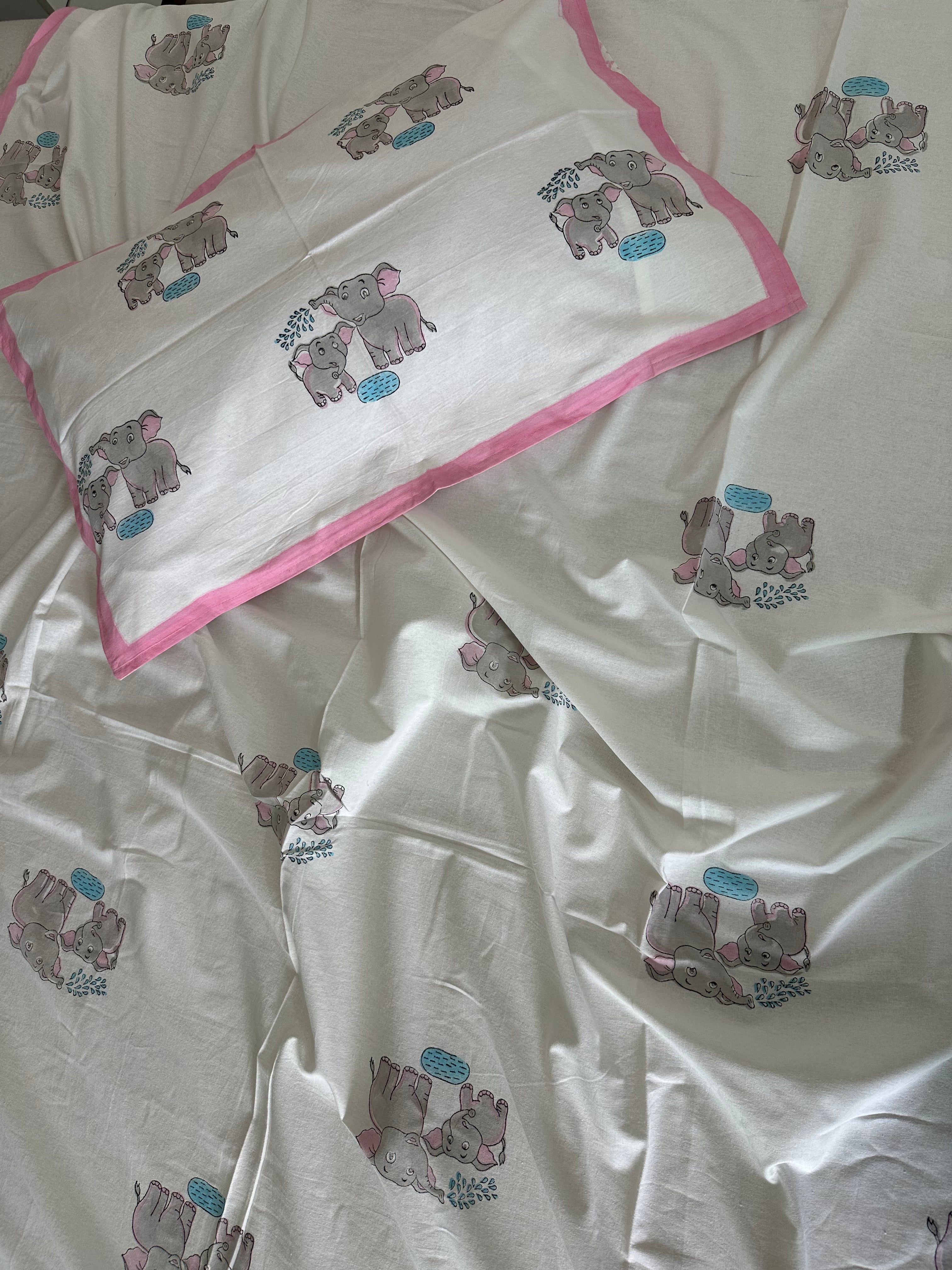 Royal Elephant Kids Block Print Bedsheet – Grey Motifs with Pink Border
