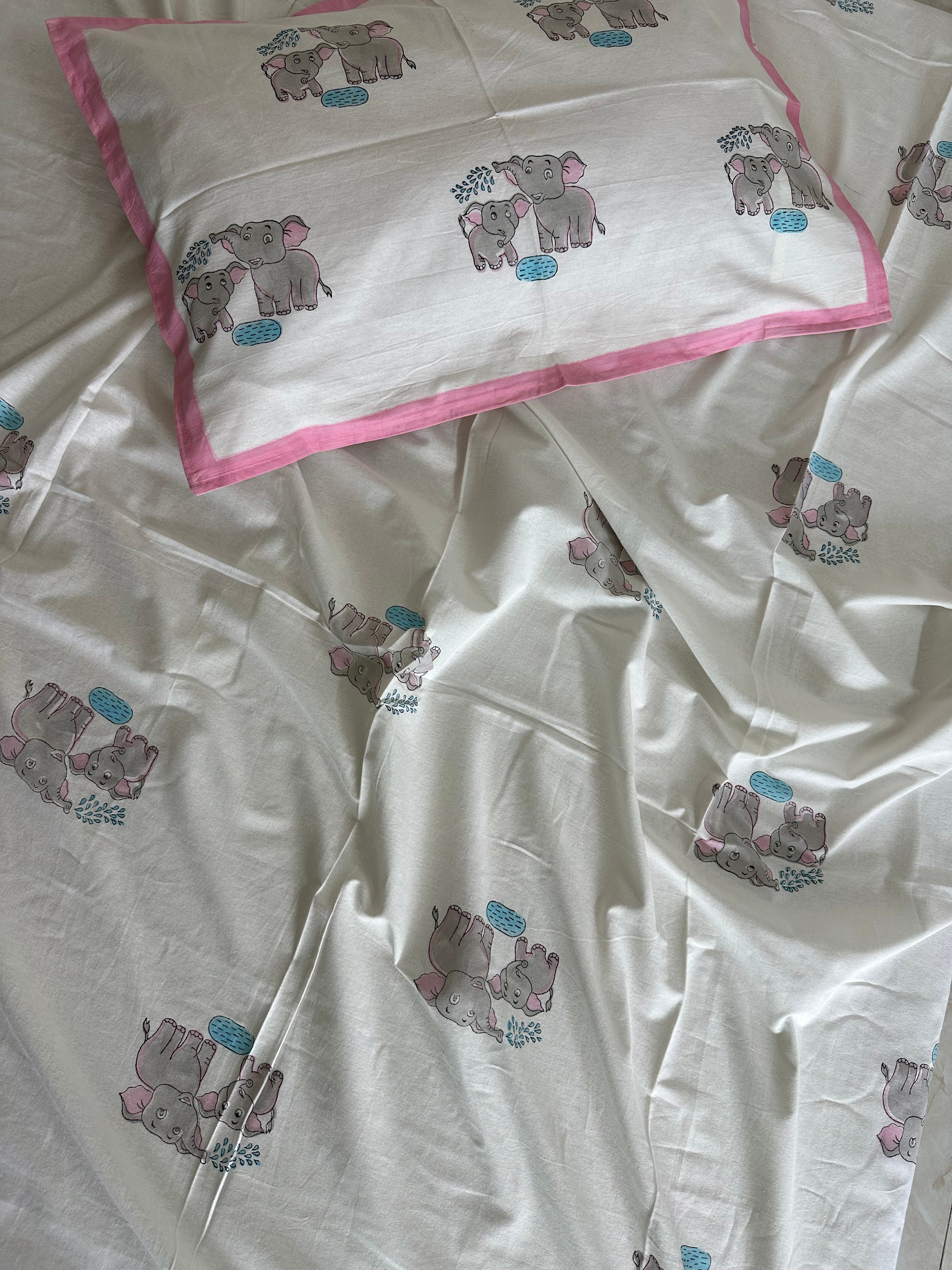 Royal Elephant Kids Block Print Bedsheet – Grey Motifs with Pink Border