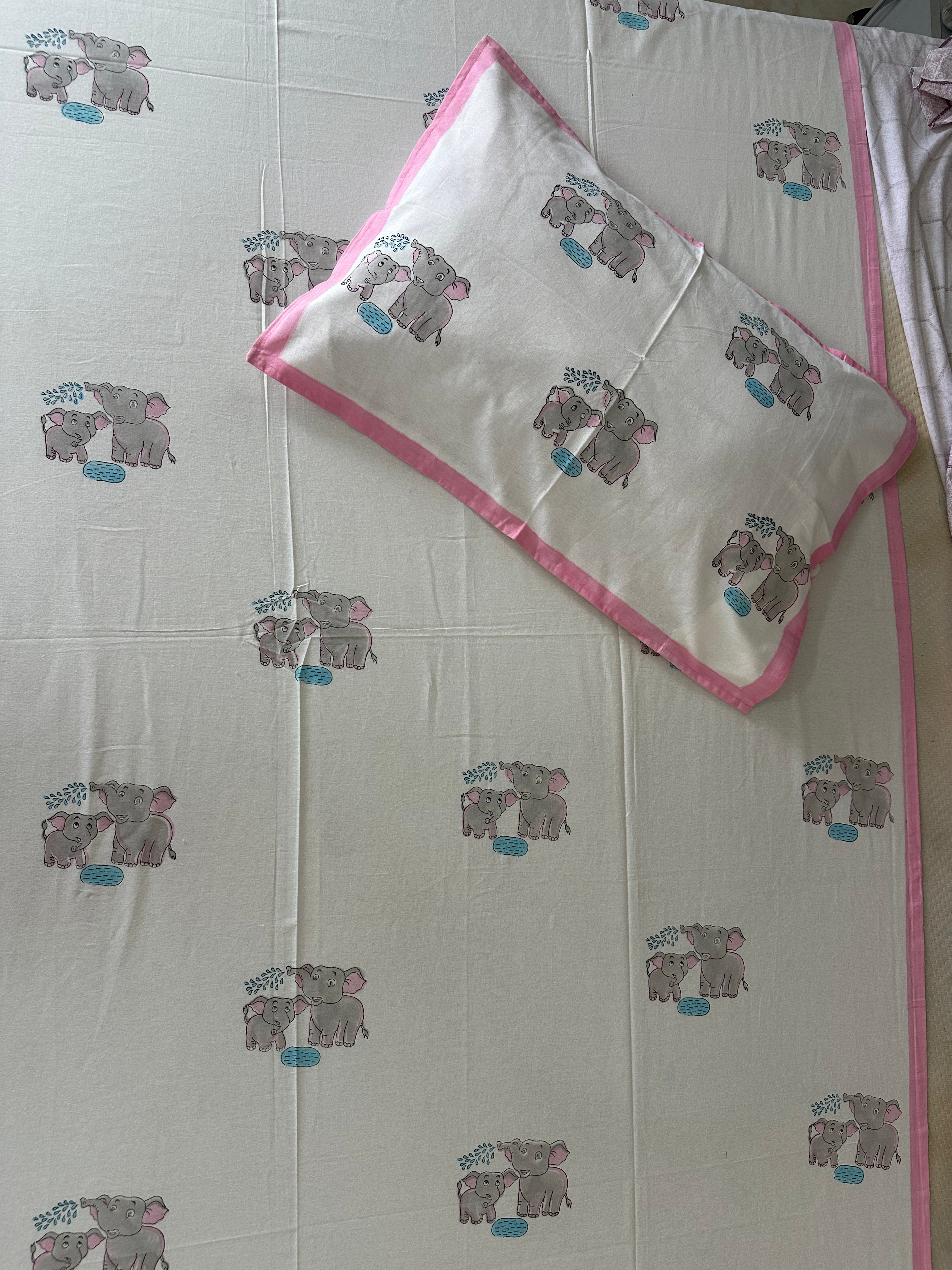 Royal Elephant Kids Block Print Bedsheet – Grey Motifs with Pink Border