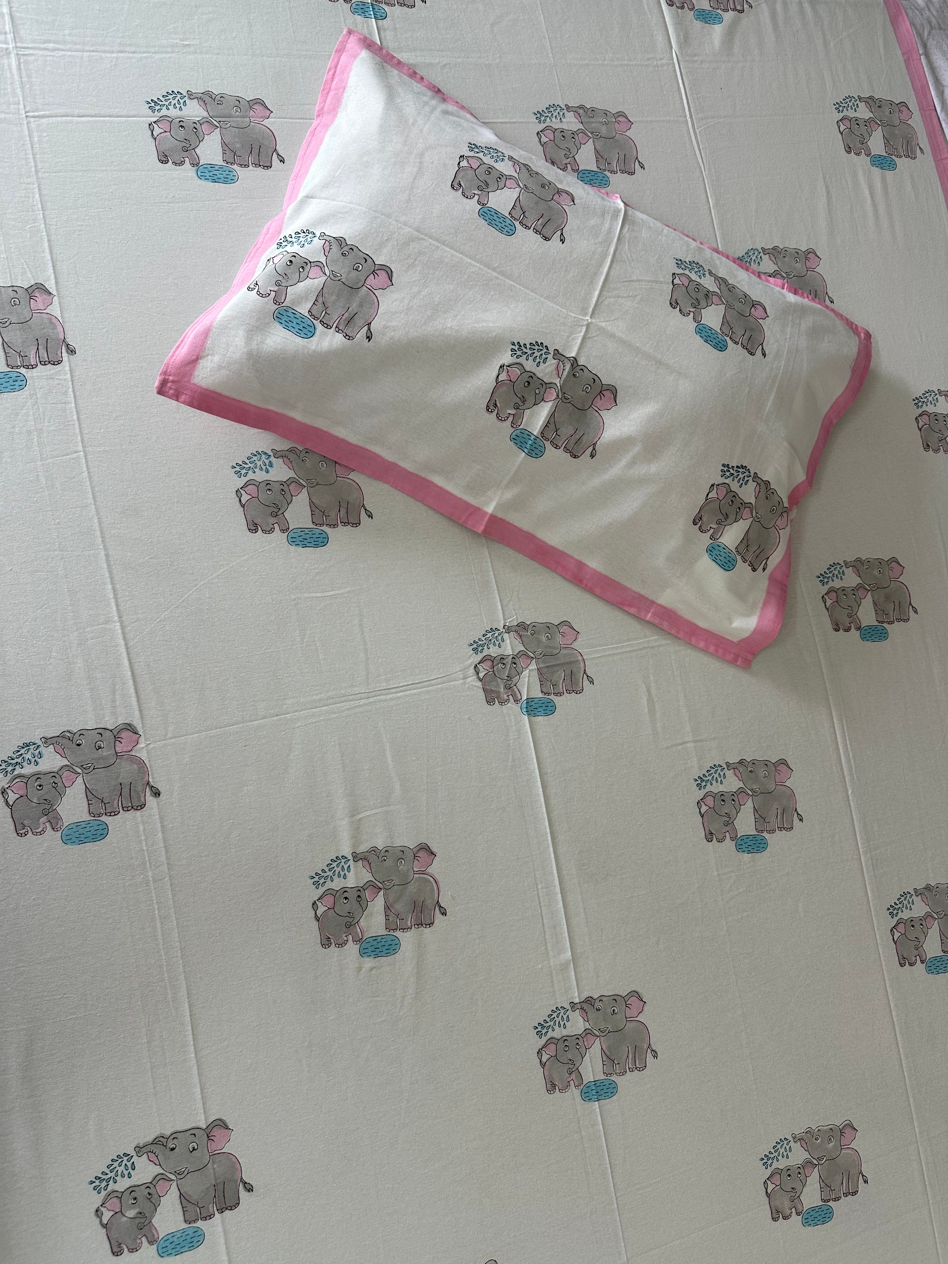 Royal Elephant Kids Block Print Bedsheet – Grey Motifs with Pink Border
