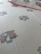 Royal Elephant Kids Block Print Bedsheet – Grey Motifs with Pink Border