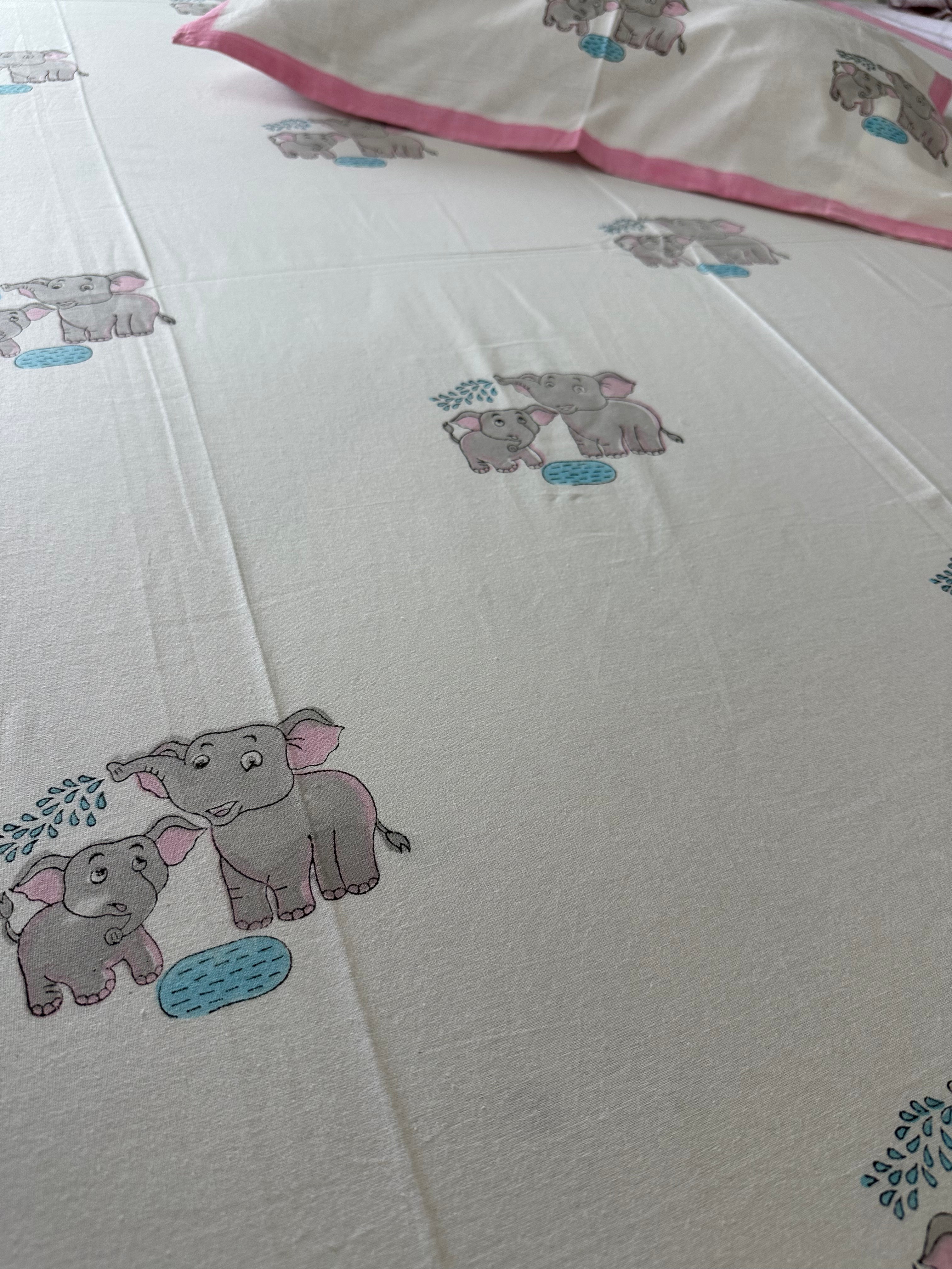 Royal Elephant Kids Block Print Bedsheet – Grey Motifs with Pink Border