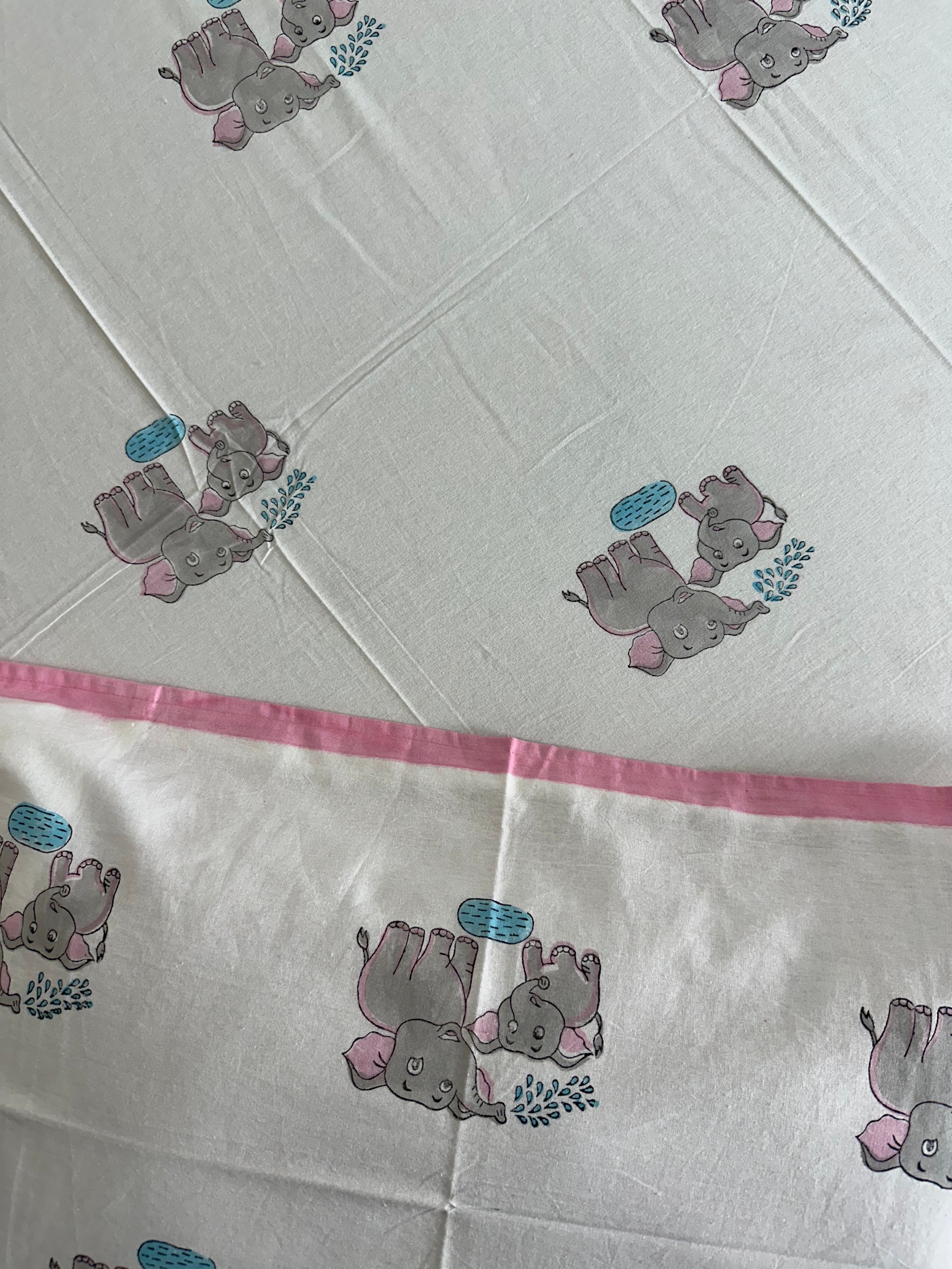 Royal Elephant Kids Block Print Bedsheet – Grey Motifs with Pink Border