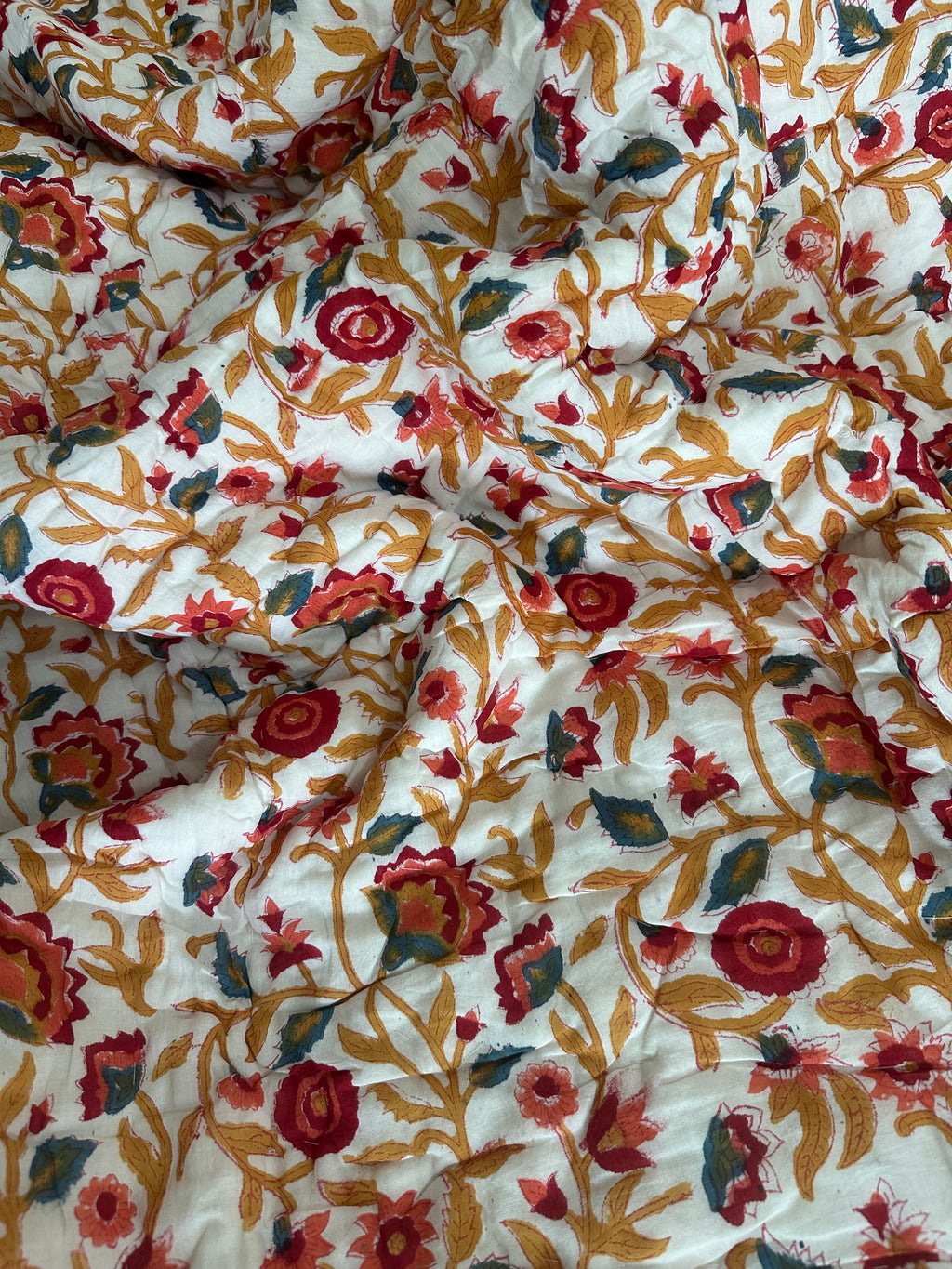 Red & Blue Floral Motifs with White base Hand Block Cotton reversable Quilt