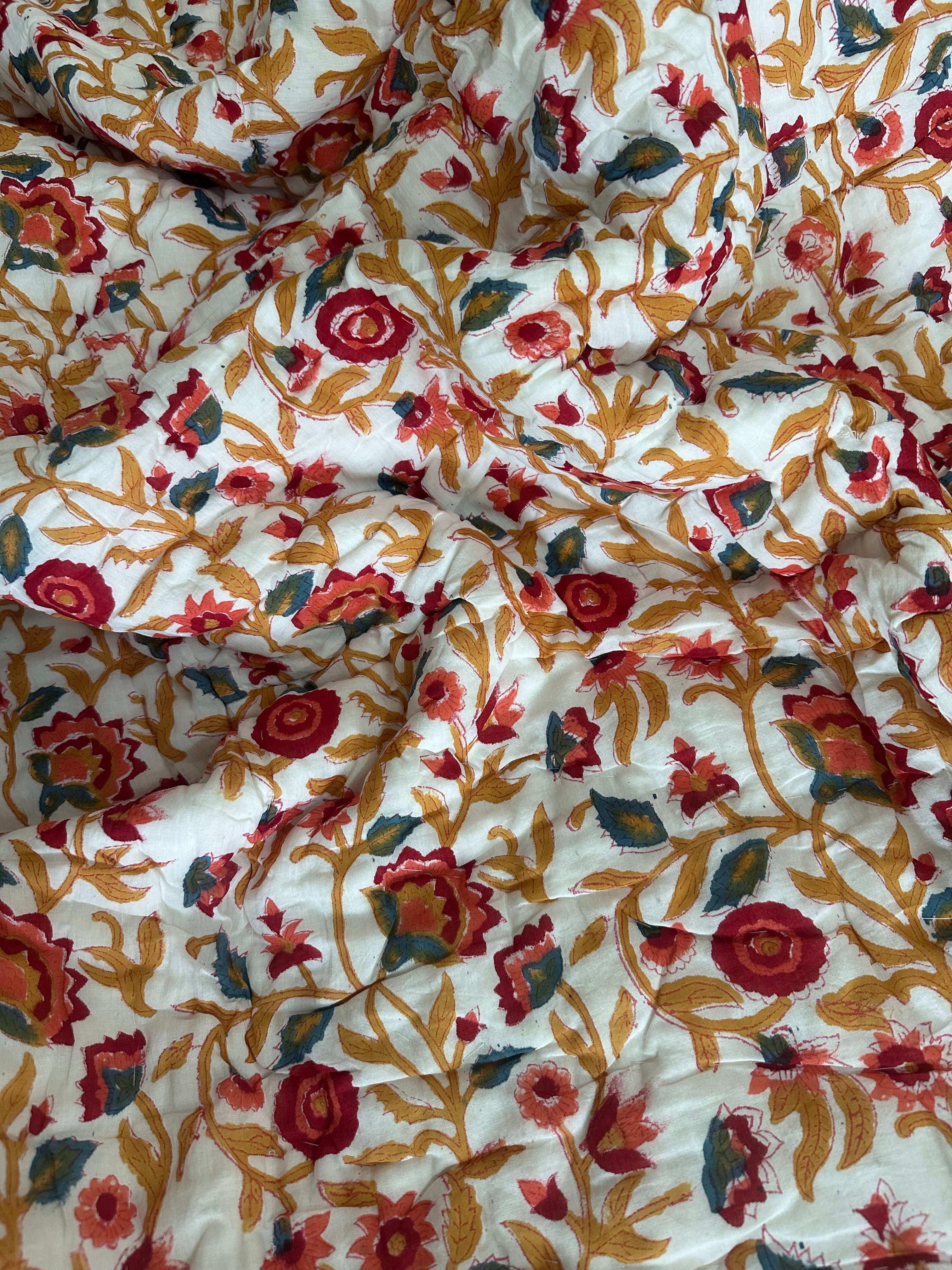 Red & Blue Floral Motifs with White base Hand Block Cotton reversable Quilt