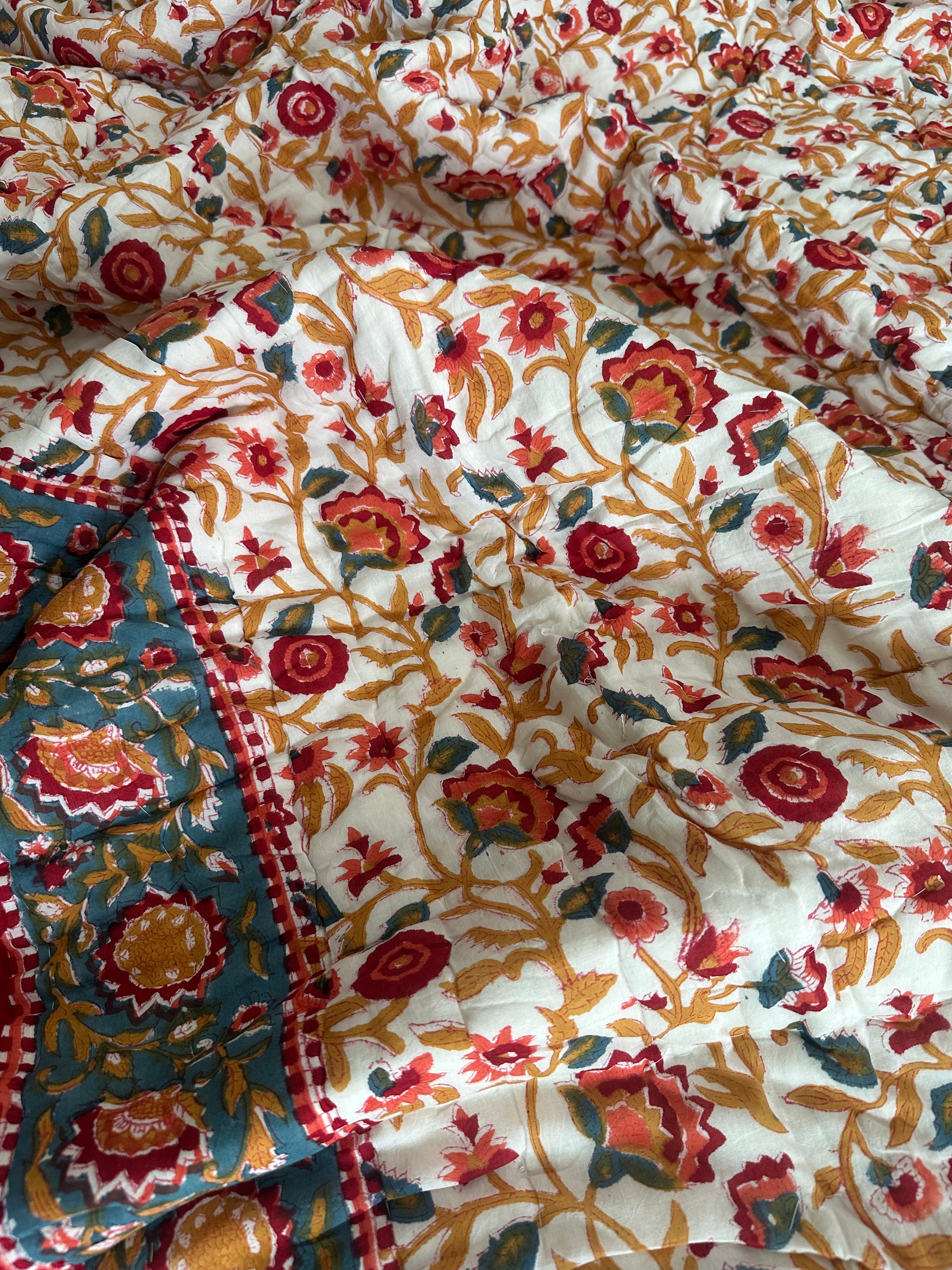 Red & Blue Floral Motifs with White base Hand Block Cotton reversable Quilt