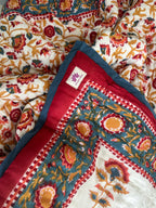 Red & Blue Floral Motifs with White base Hand Block Cotton reversable Quilt