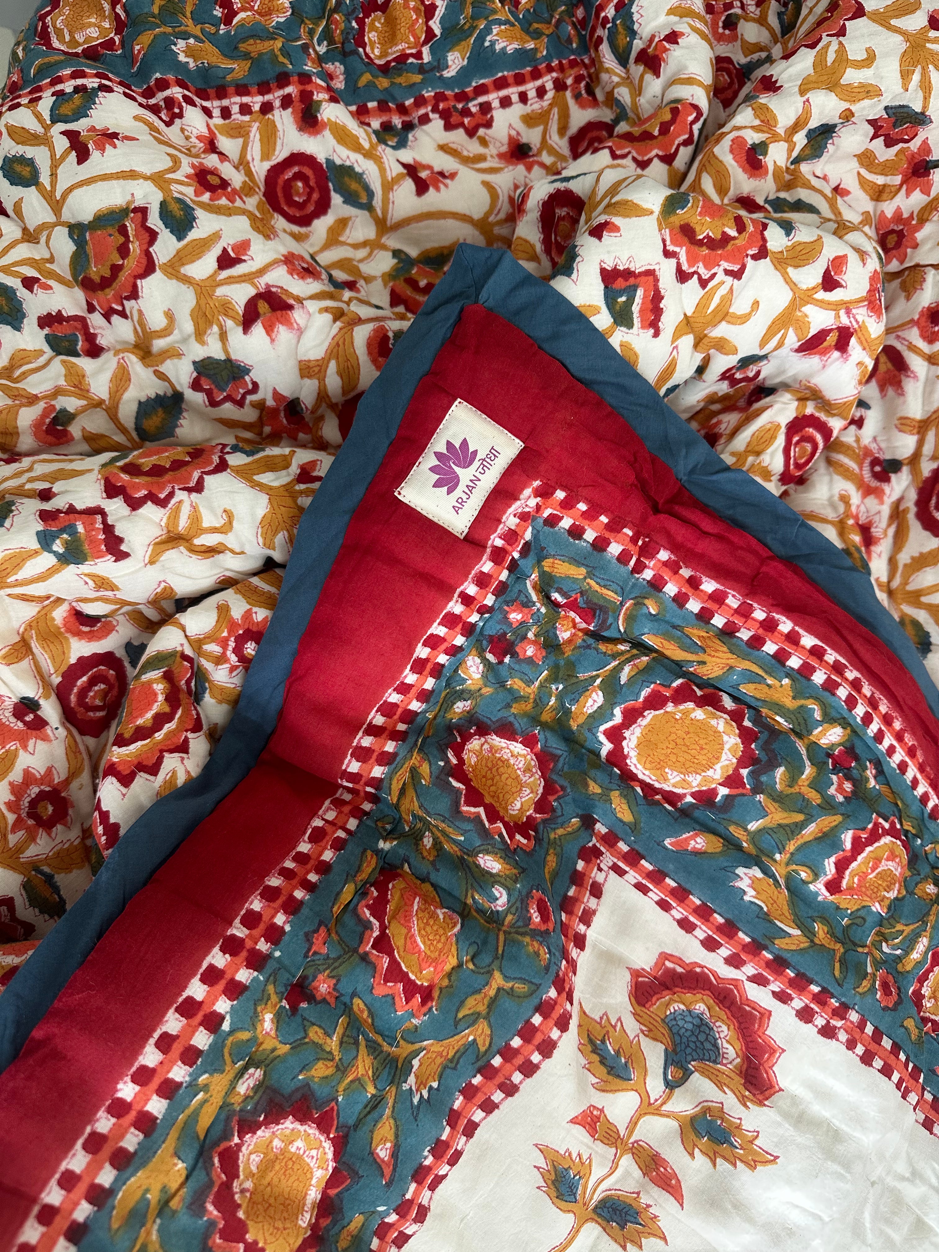 Red & Blue Floral Motifs with White base Hand Block Cotton reversable Quilt