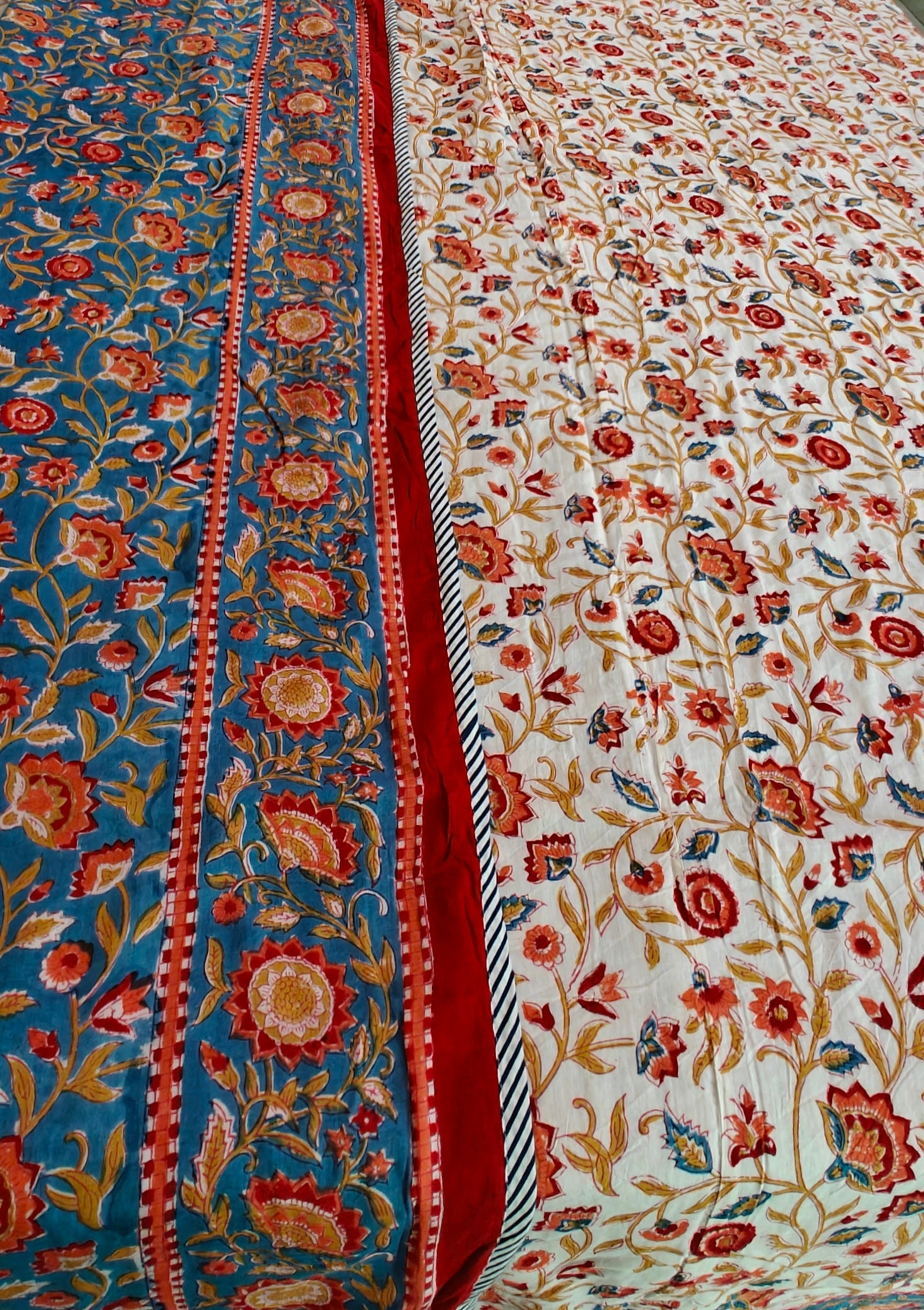 Pink Vine & Mint Green Floral Hand Block Cotton Mulmul Reversible Dohar