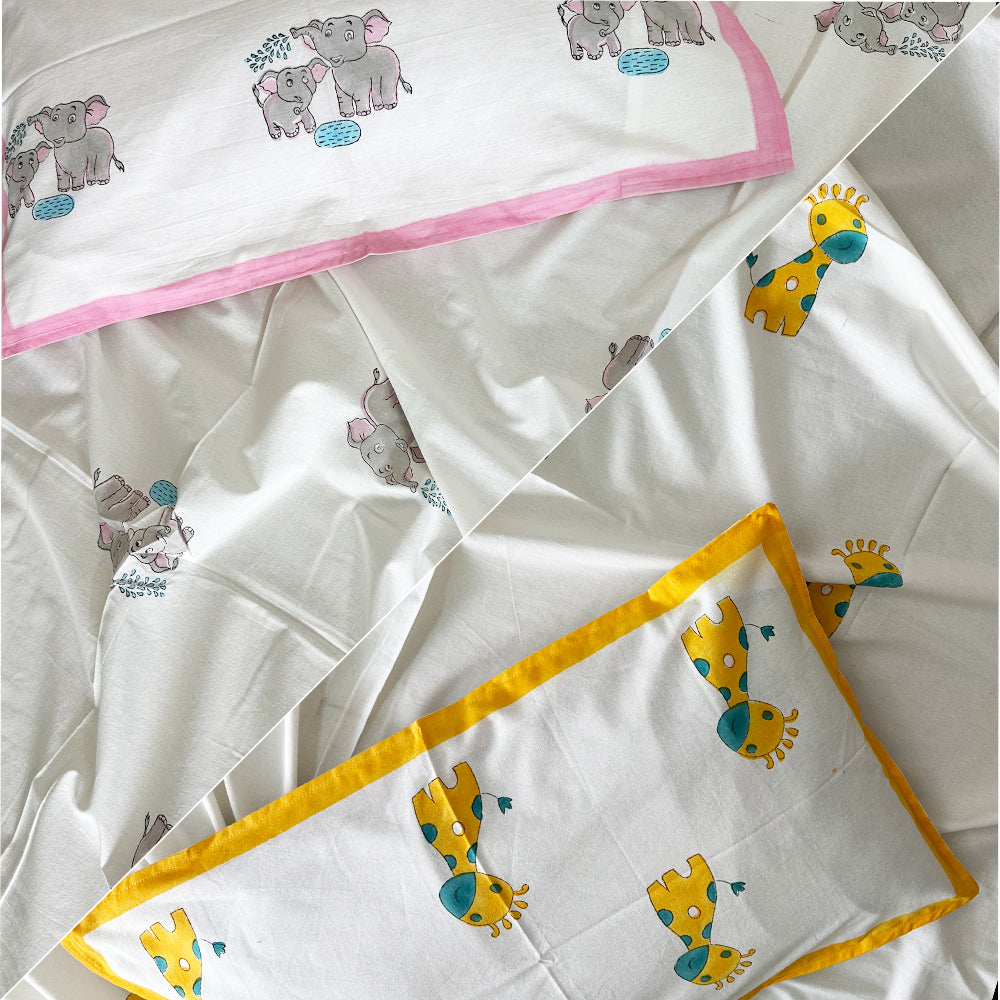 Elephant & Giraffe Kids Block Print Bedsheet Combo – Set of 2