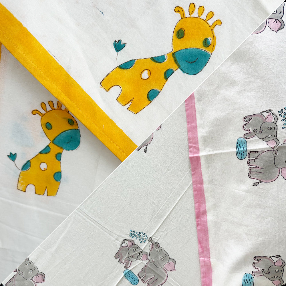 Elephant & Giraffe Kids Block Print Bedsheet Combo – Set of 2