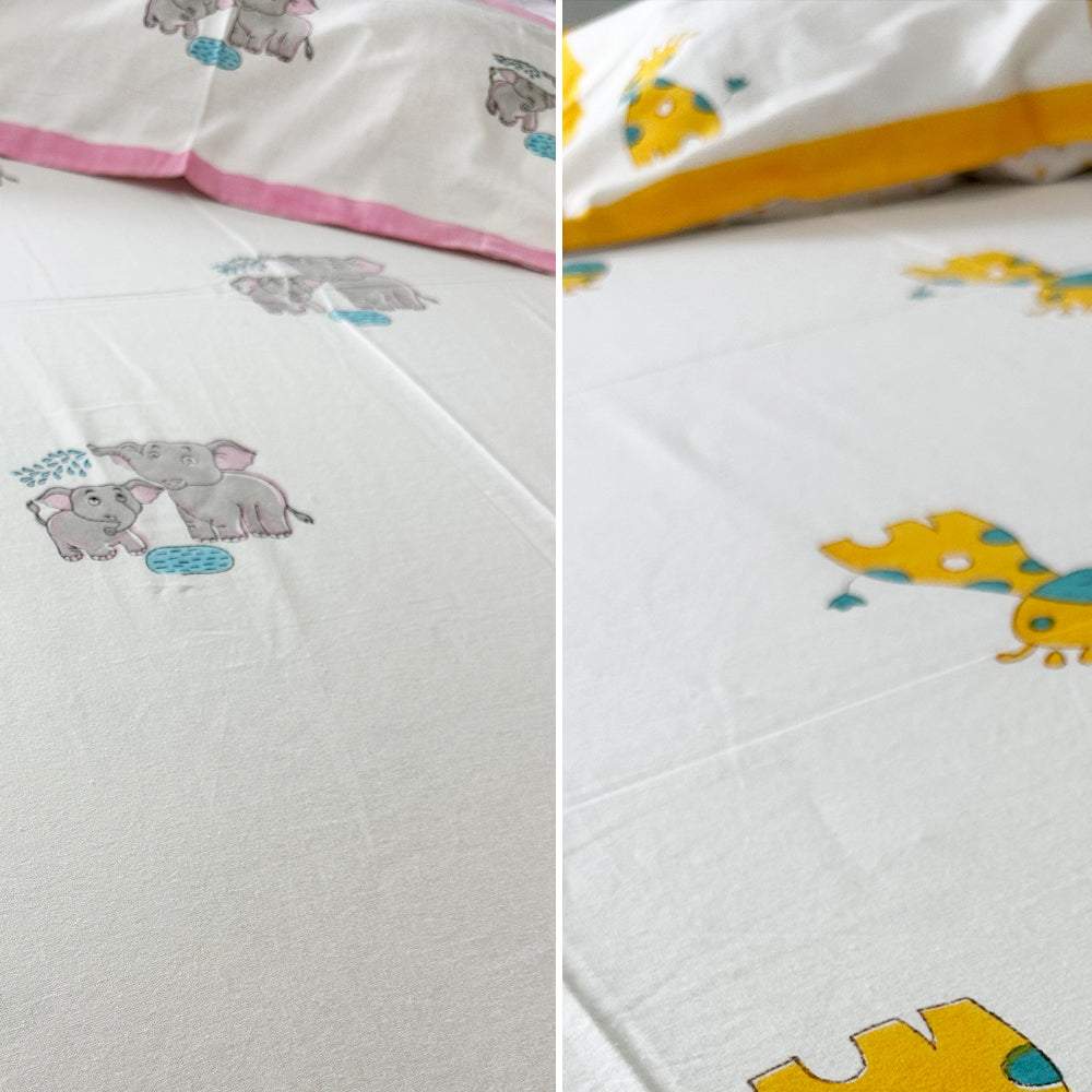 Elephant & Giraffe Kids Block Print Bedsheet Combo – Set of 2