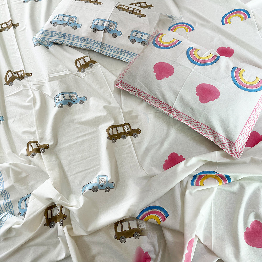 Rainbow & Cars Kids Block Print Bedsheet Combo – Set of 2