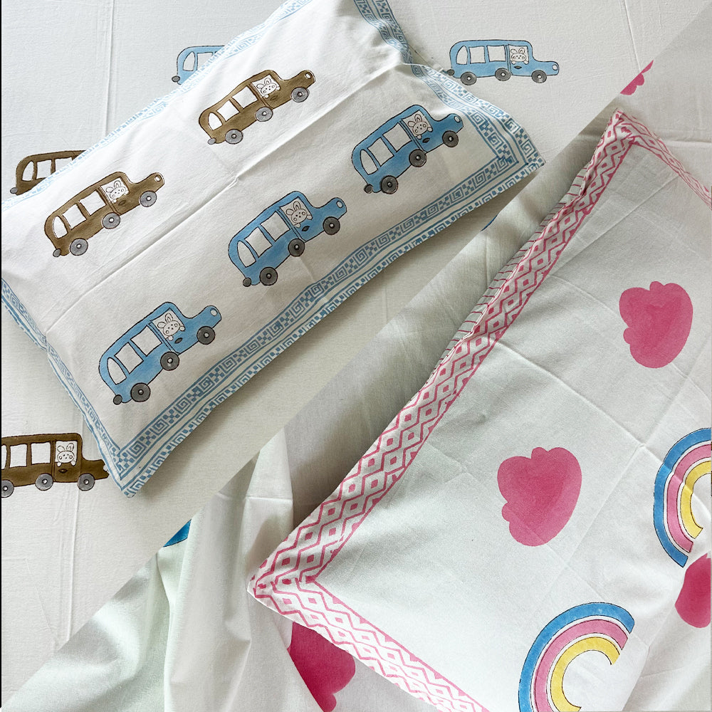 Rainbow & Cars Kids Block Print Bedsheet Combo – Set of 2