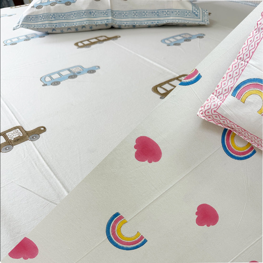 Rainbow & Cars Kids Block Print Bedsheet Combo – Set of 2