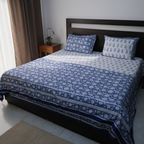 White & Indigo Paisley Floral Hand Block Cotton Mulmul Reversible Dohar Double Bed with King Size Bed Sheet Pillow Cover Combo