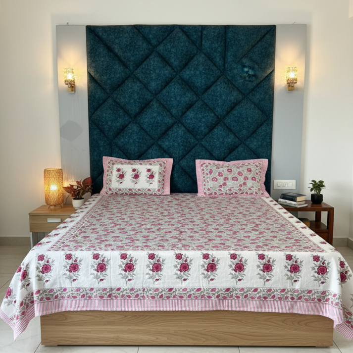 Rose Blossom Heritage Cotton Bed Sheet with Pillow Covers – Double Bed Sheet