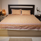 Mustard & Pink Floral Hand Block Print Cotton Bedsheet with Pillow Covers – Queen/King Size